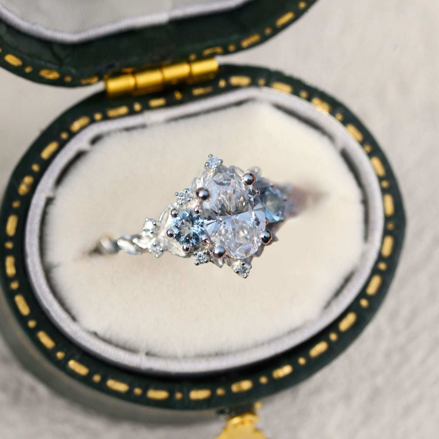 Unique Briar Rose Three Stone Oval Moissanite and Lab Aquamarine Ring