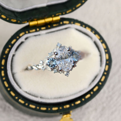 Unique Briar Rose Three Stone Oval Moissanite and Lab Aquamarine Ring