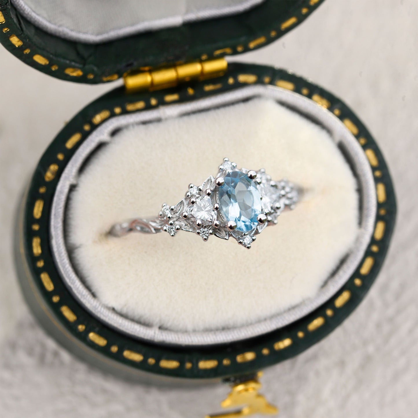 Unique Briar Rose Three Stone Oval Lab Aquamarine Ring