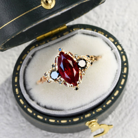 Unique Briar Rose Three Stone Marquise Lab Ruby and Black Onyx Ring