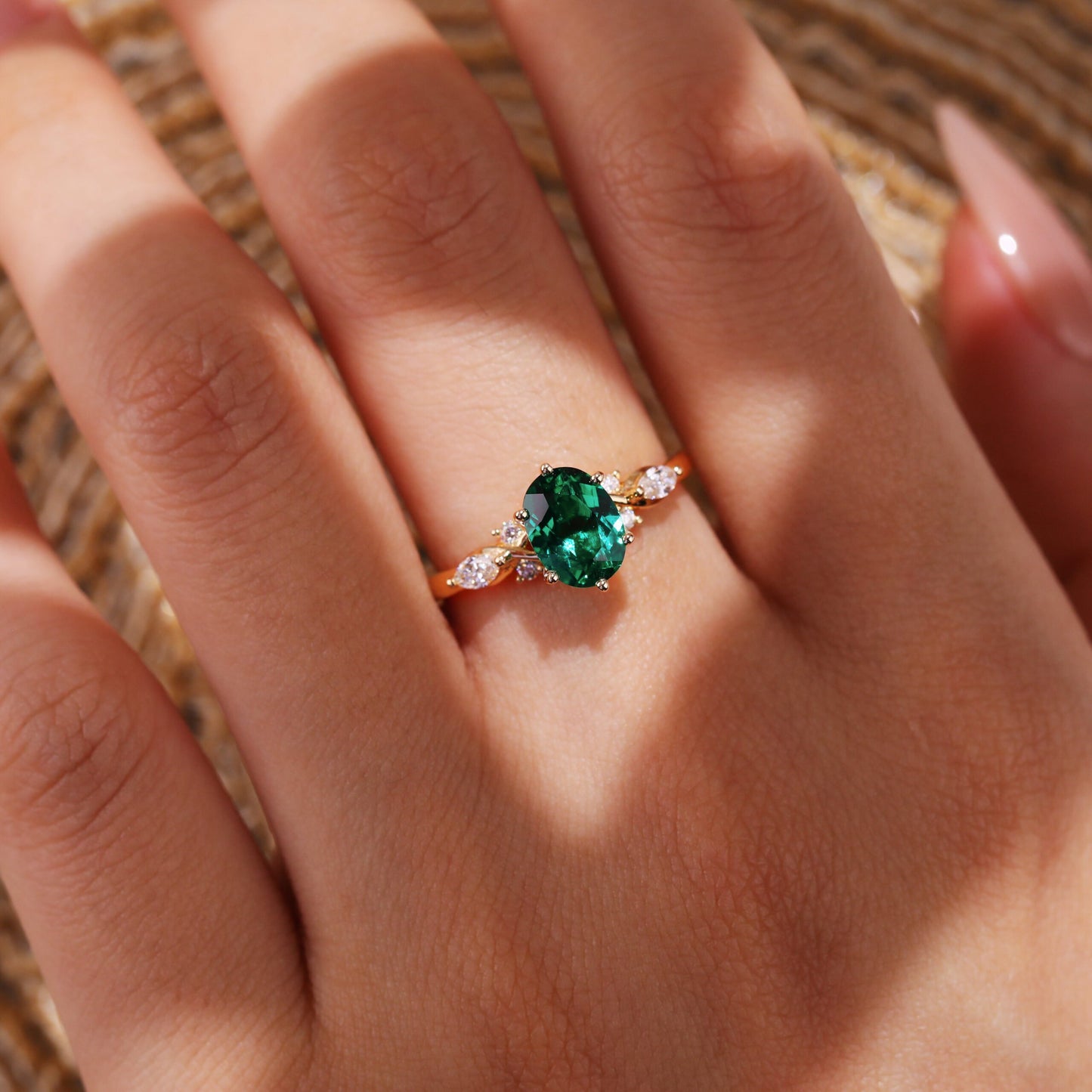 Unique Oval Emerald Split Shank Engagement Ring