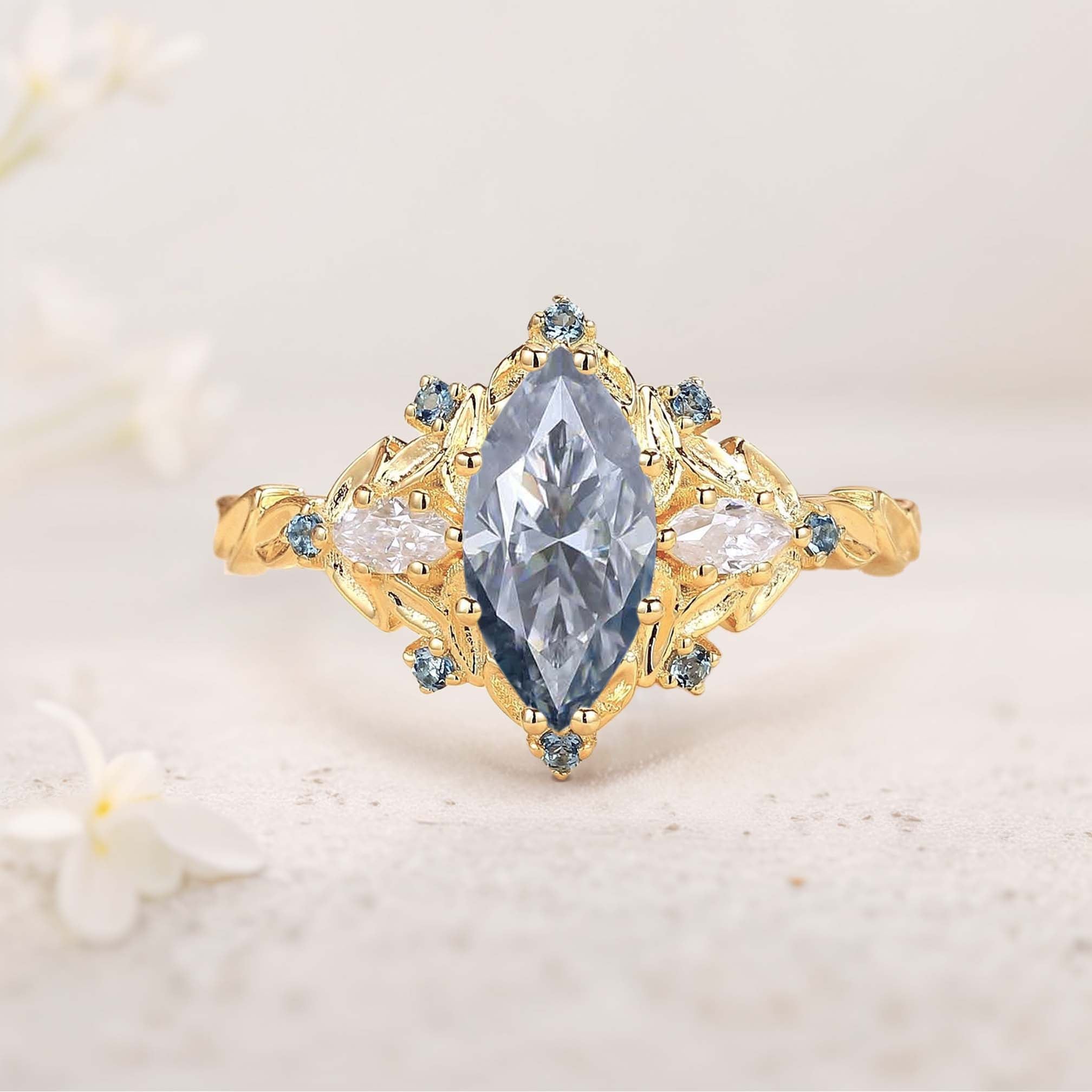 Unique Marquise Gray Moissanite Ring Alexandrite 18K Yellow Gold Wedding Ring