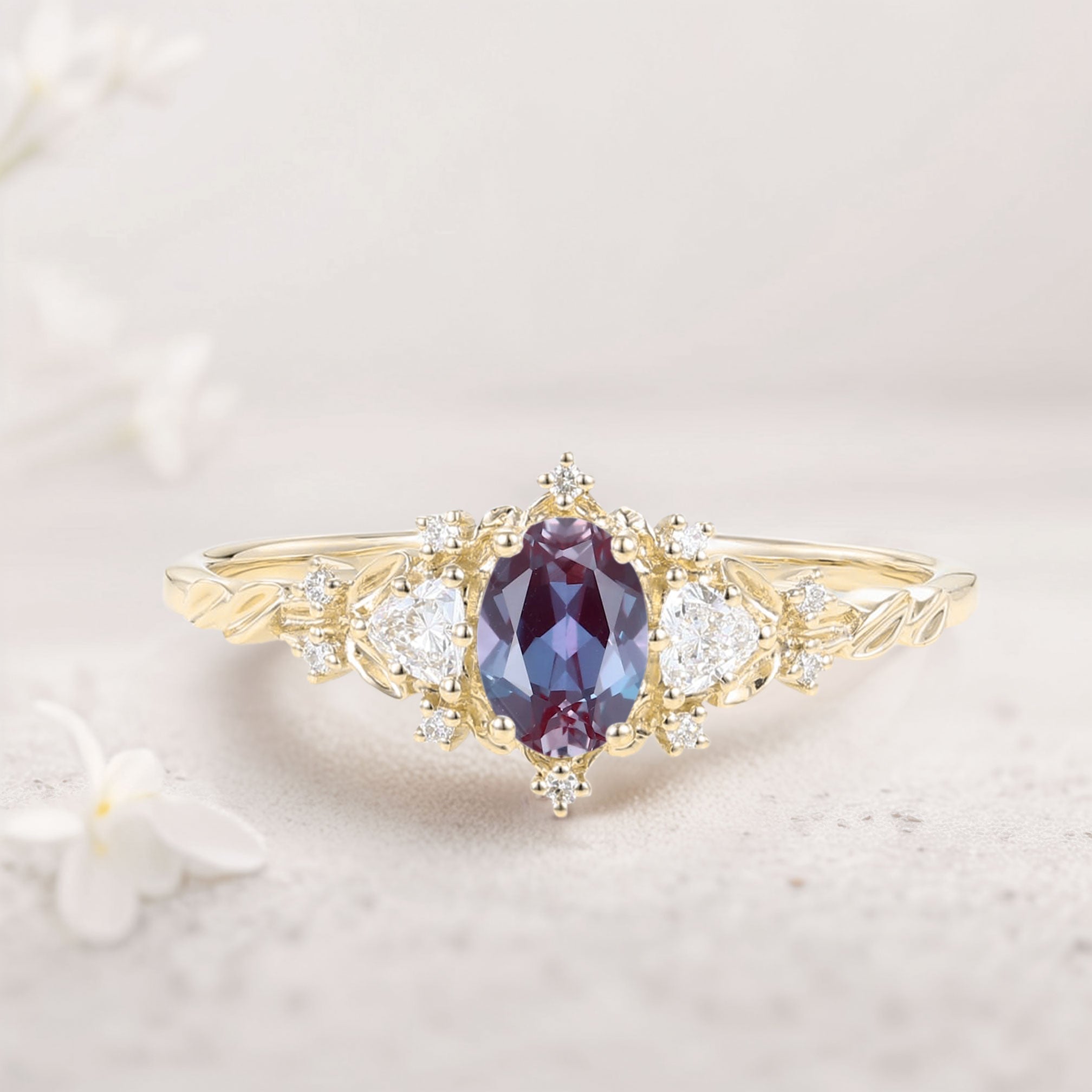 Classic Briar Rose Oval Lab Alexandrite Olive Leaves 18K Yellow Gold Engagement Ring Fairy Ring