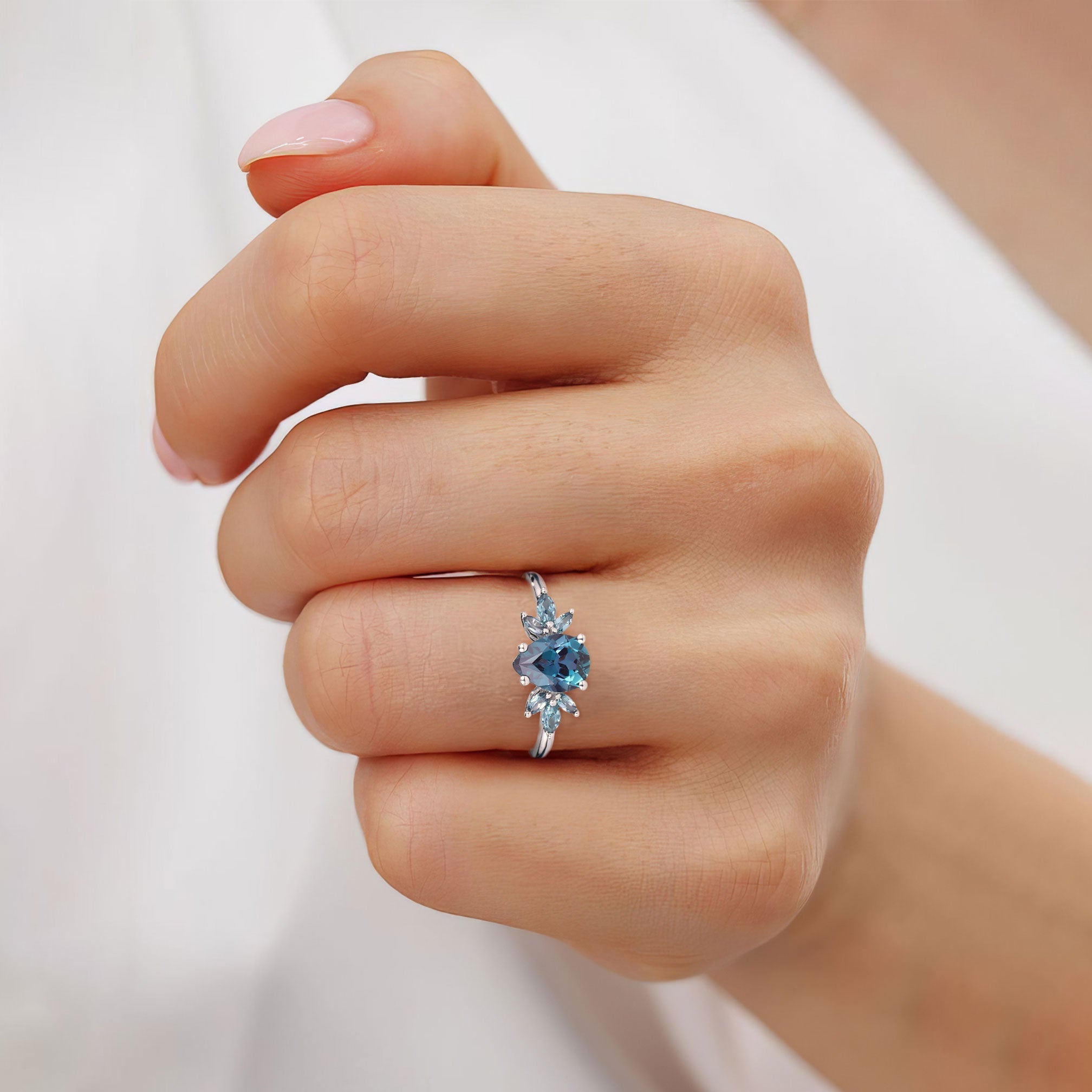 Unique Pear Lab Alexandrite 18K White Gold Engagement Ring with Petal Accents