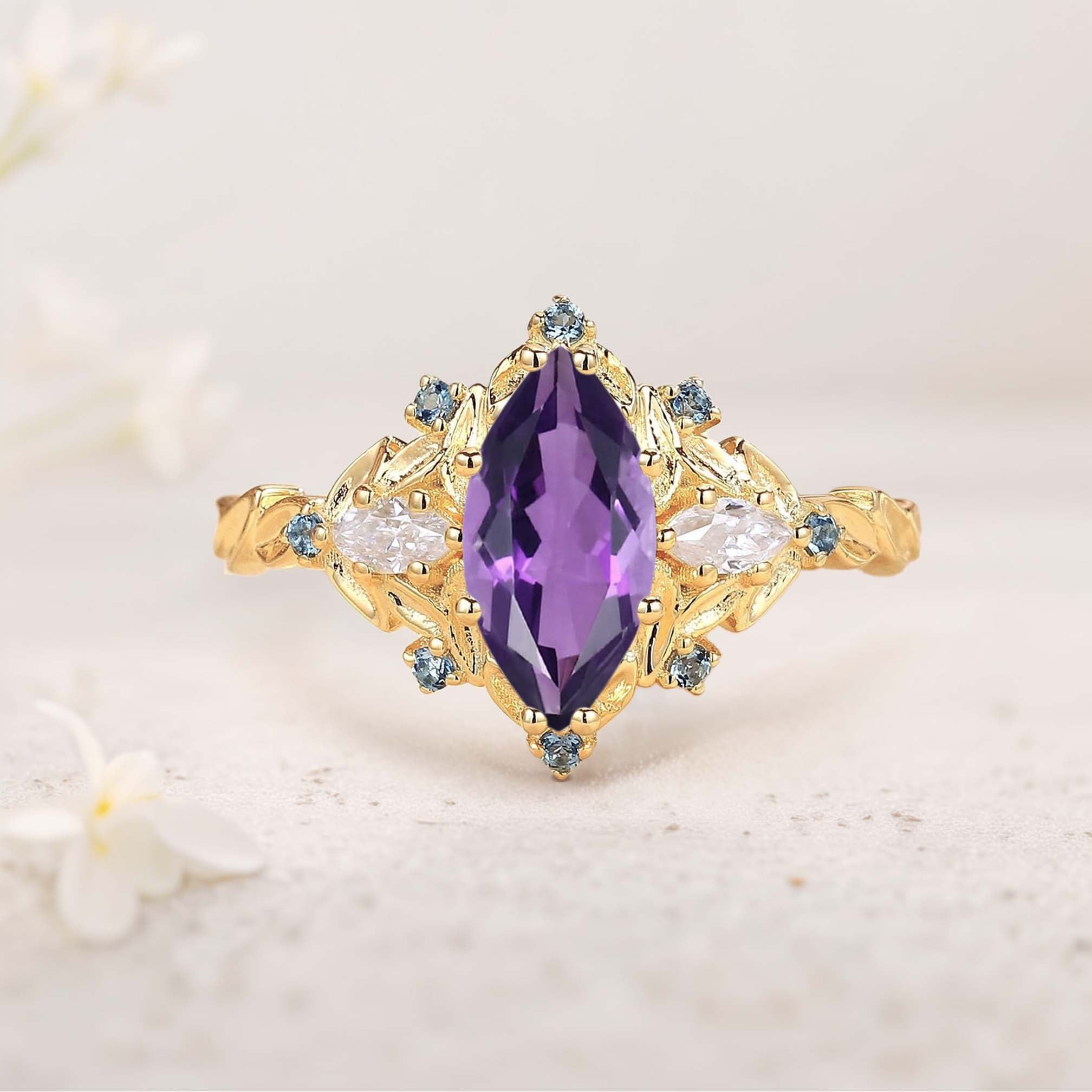 Unique floral engagement rings Marquise Amethyst Fairy Ring 18K Yellow Gold Engagement Ring