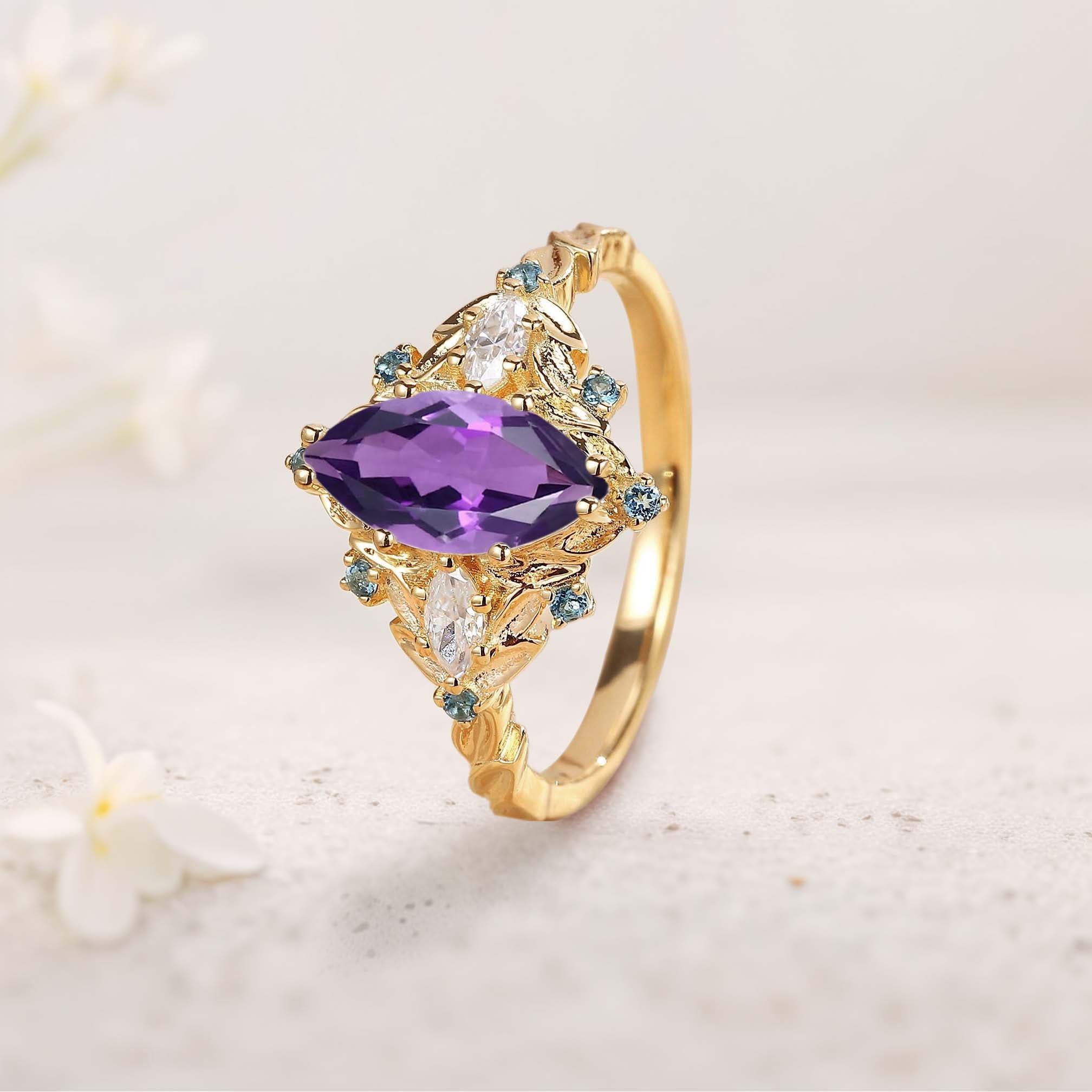 Unique floral engagement rings Marquise Amethyst Fairy Ring 18K Yellow Gold Engagement Ring