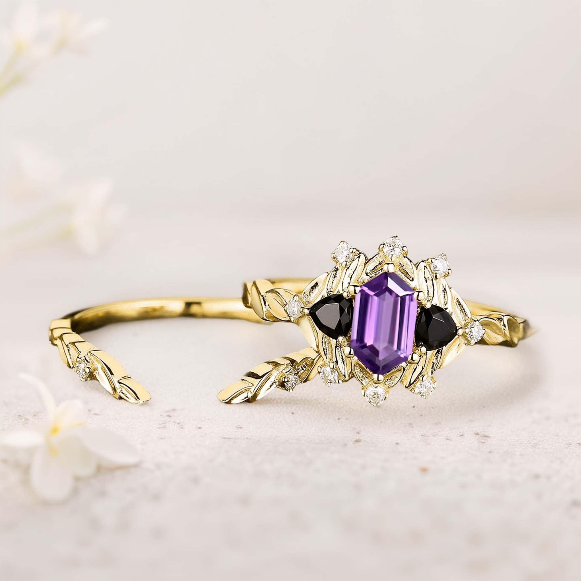 Unique floral engagement rings Long Hexagon Amethyst Leaf 18K Yellow Gold Engagement Ring Wedding Ring Set