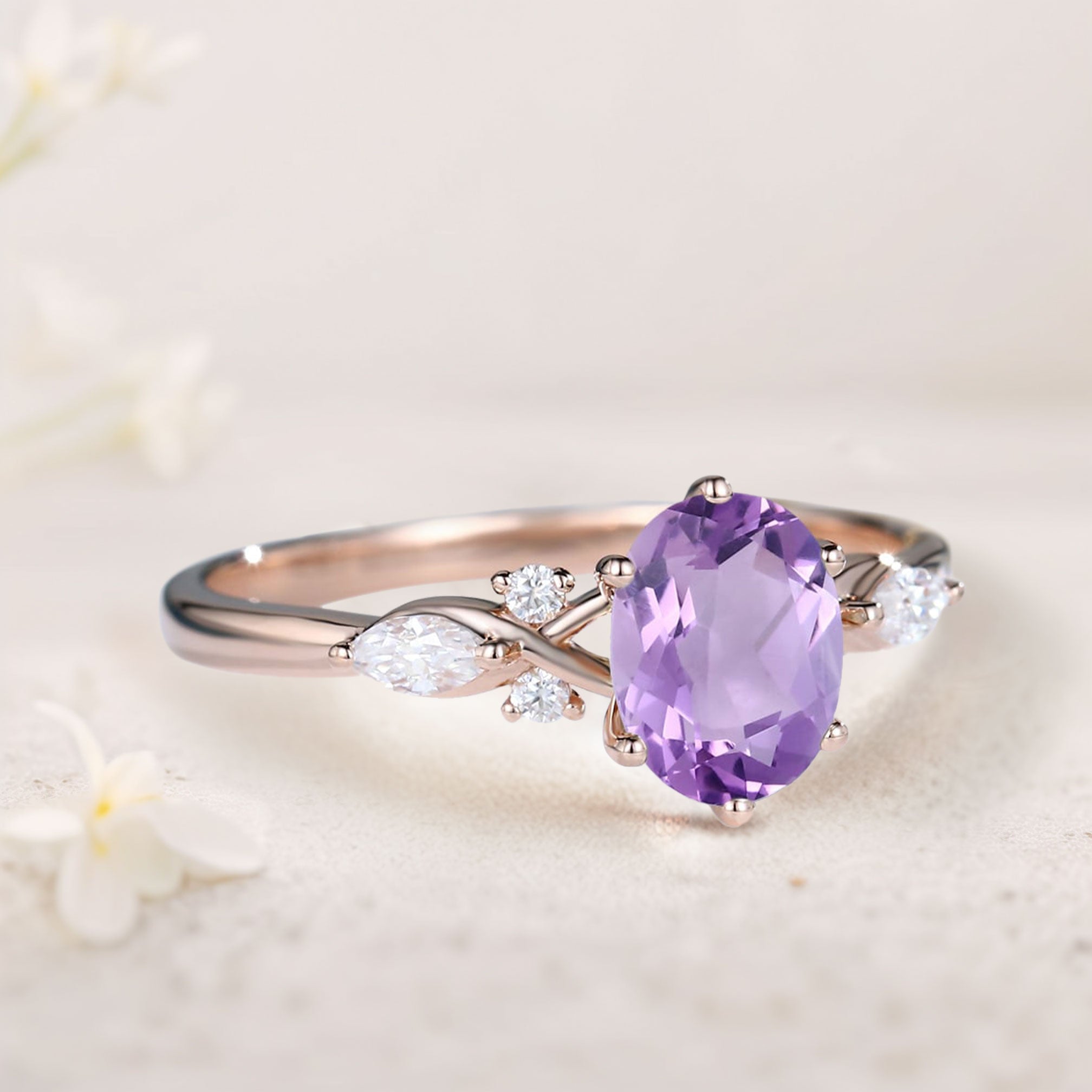 Vintage Oval Amethyst and Moissanite 18K Rose Gold Engagement Ring