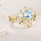 Unique floral engagement rings Round Lab Aquamarine Leaf 18K Yellow Gold Engagement Ring Set