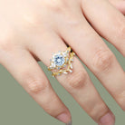 Unique floral engagement rings Round Lab Aquamarine Leaf 18K Yellow Gold Engagement Ring Set