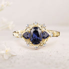 Unique floral engagement rings Oval Blue Lab Sapphire Cluster 18K Yellow Gold Wedding Ring Fairy Engagement Ring