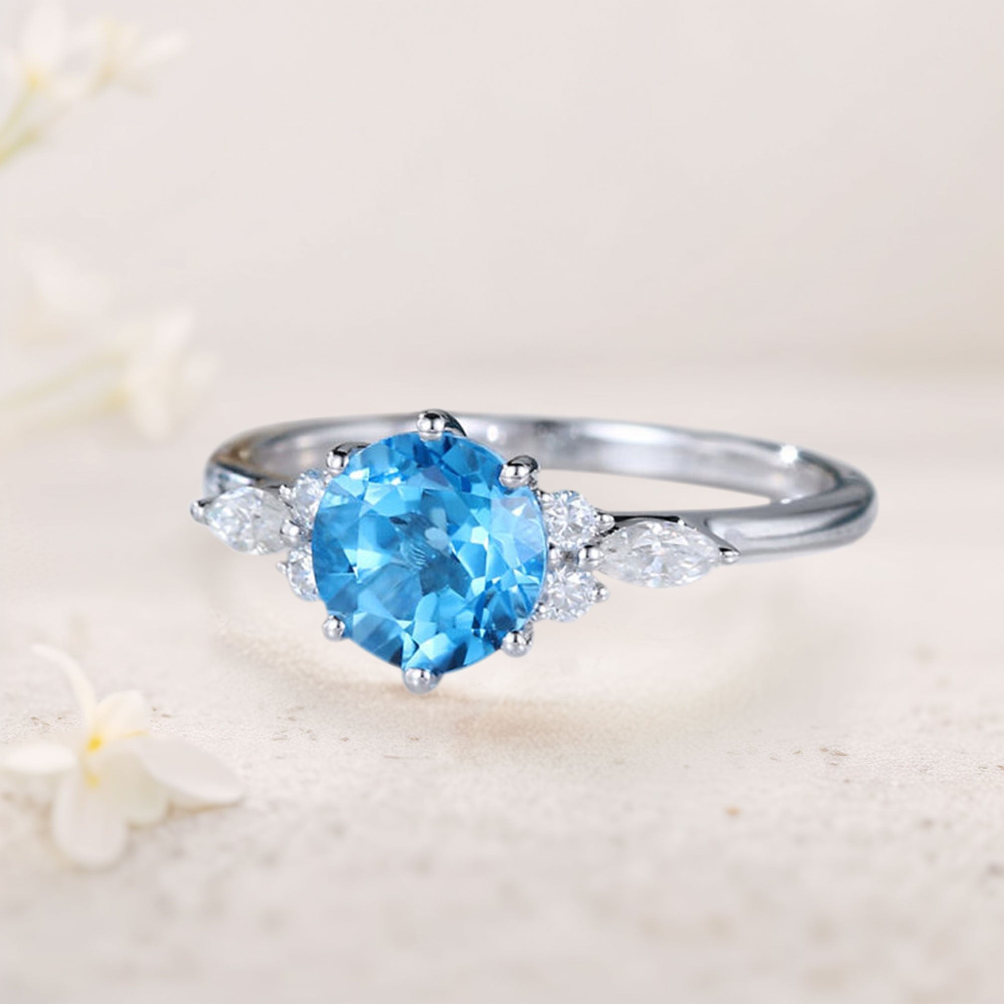 Unique Round Blue Lab Topaz 18K White Gold Engagement Rings Cluster Promise RingUnique Round Blue Lab Topaz 18K White Gold Engagement Rings Cluster Promise Ring