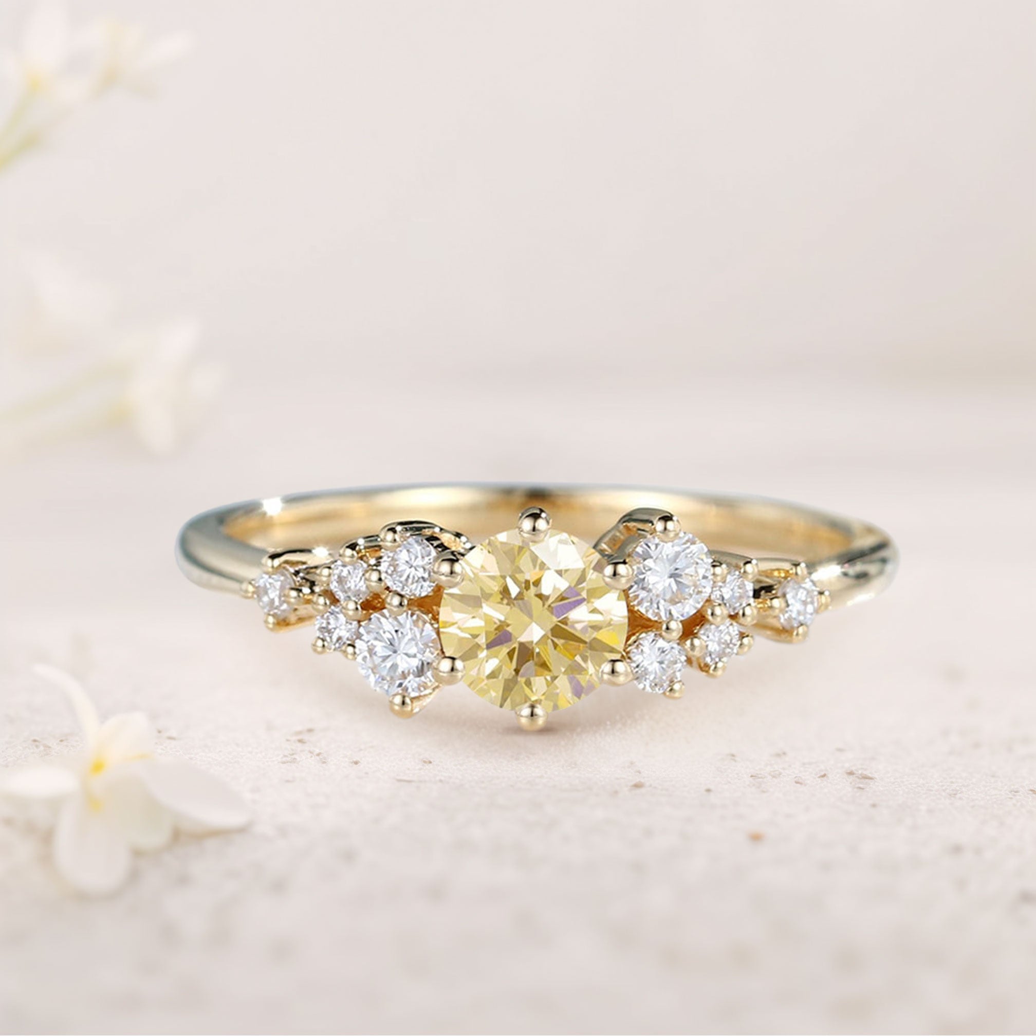 Unique Round Citrine Dainty Tapered 18K Yellow Gold Wedding Band