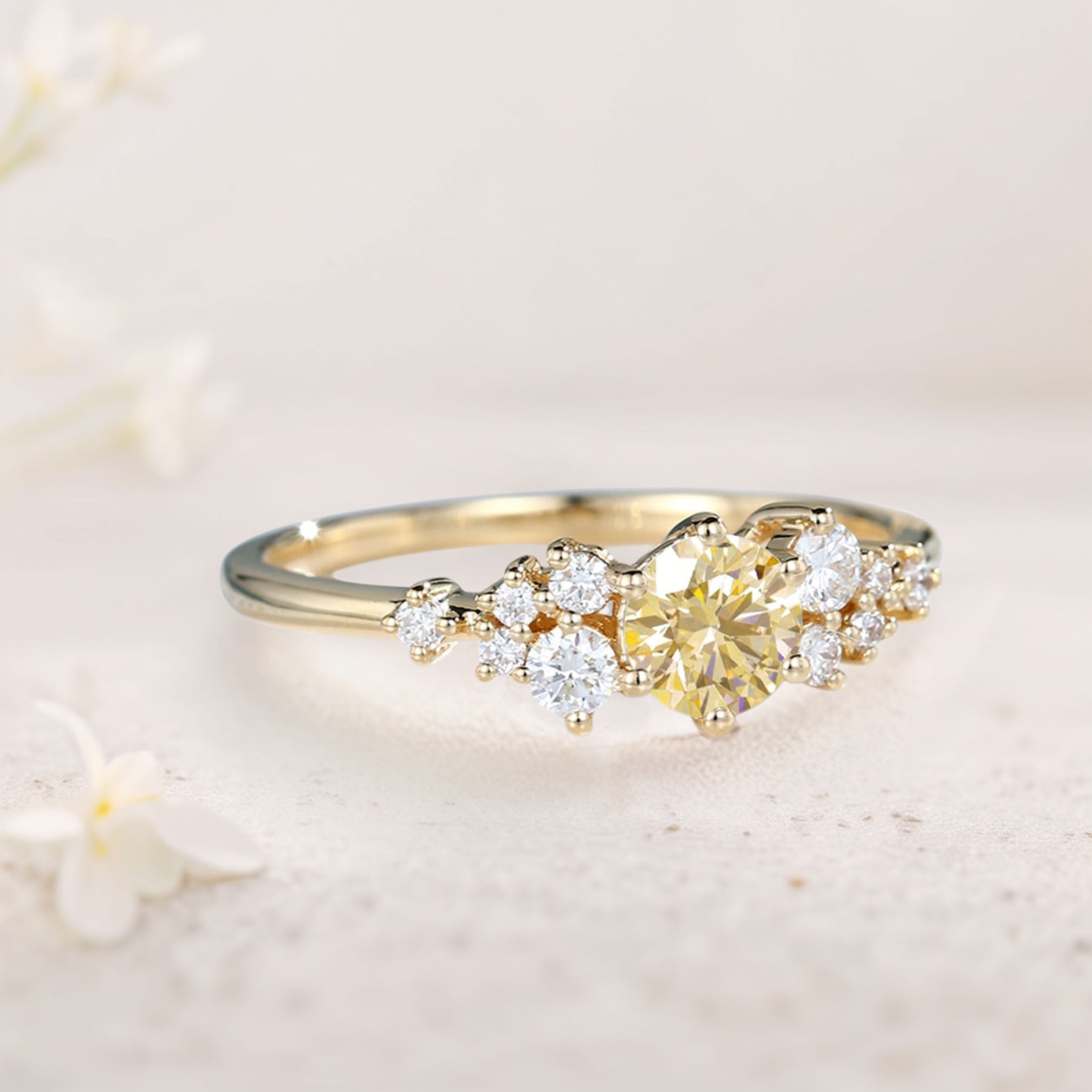 Unique Round Citrine Dainty Tapered 18K Yellow Gold Wedding Band