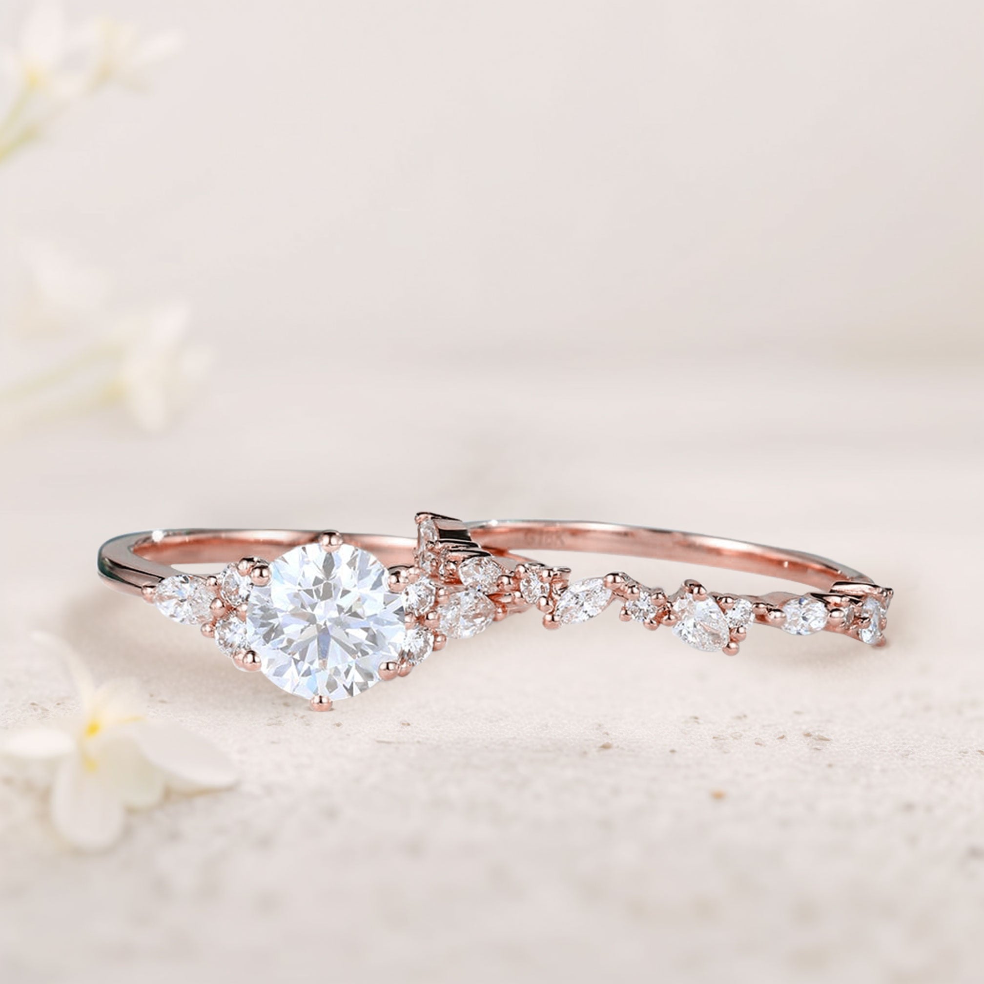 Unique Round Forever One Moissanite Bridal Ring Set Cluster 18K Rose Gold Engagement Ring