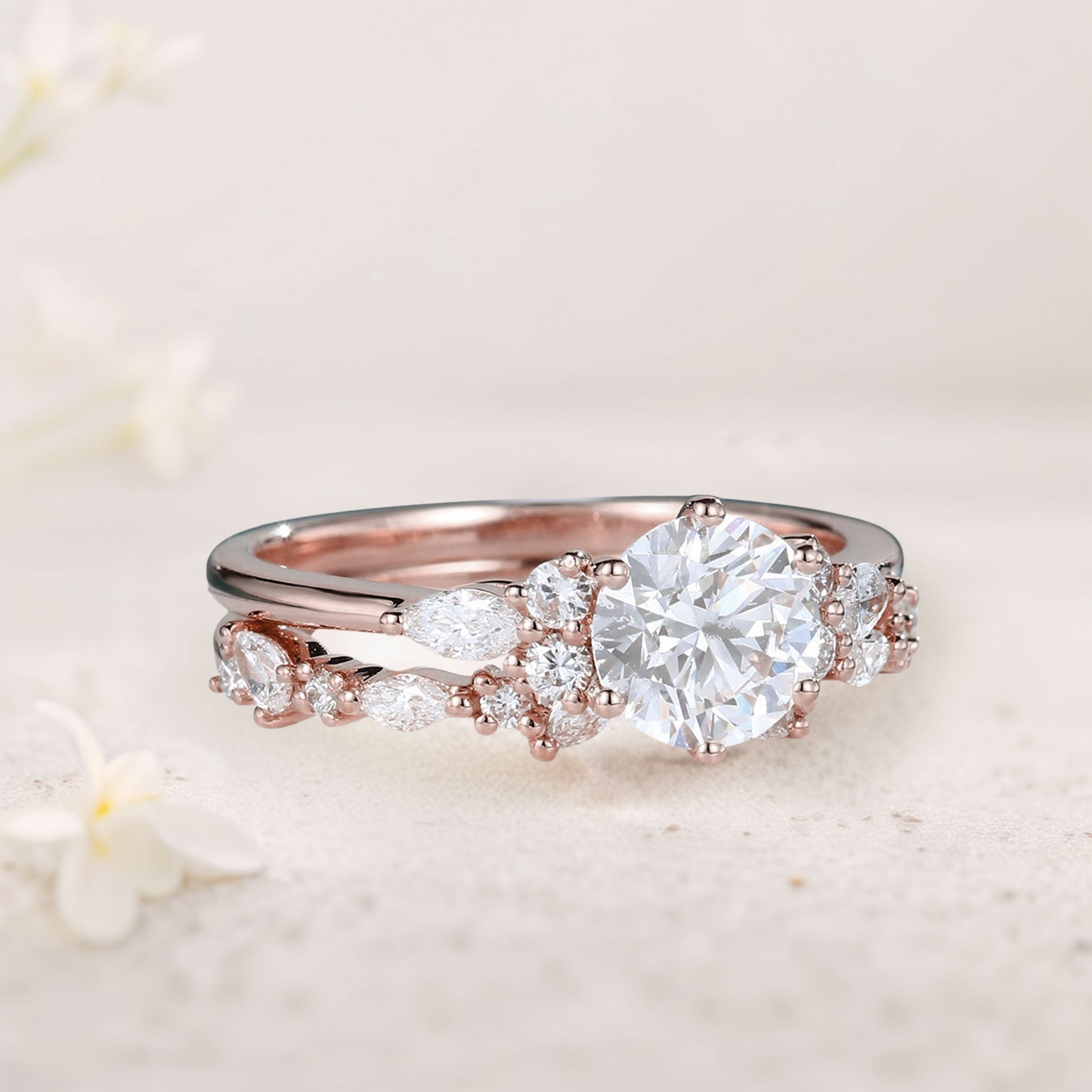 Unique Round Forever One Moissanite Bridal Ring Set Cluster 18K Rose Gold Engagement Ring