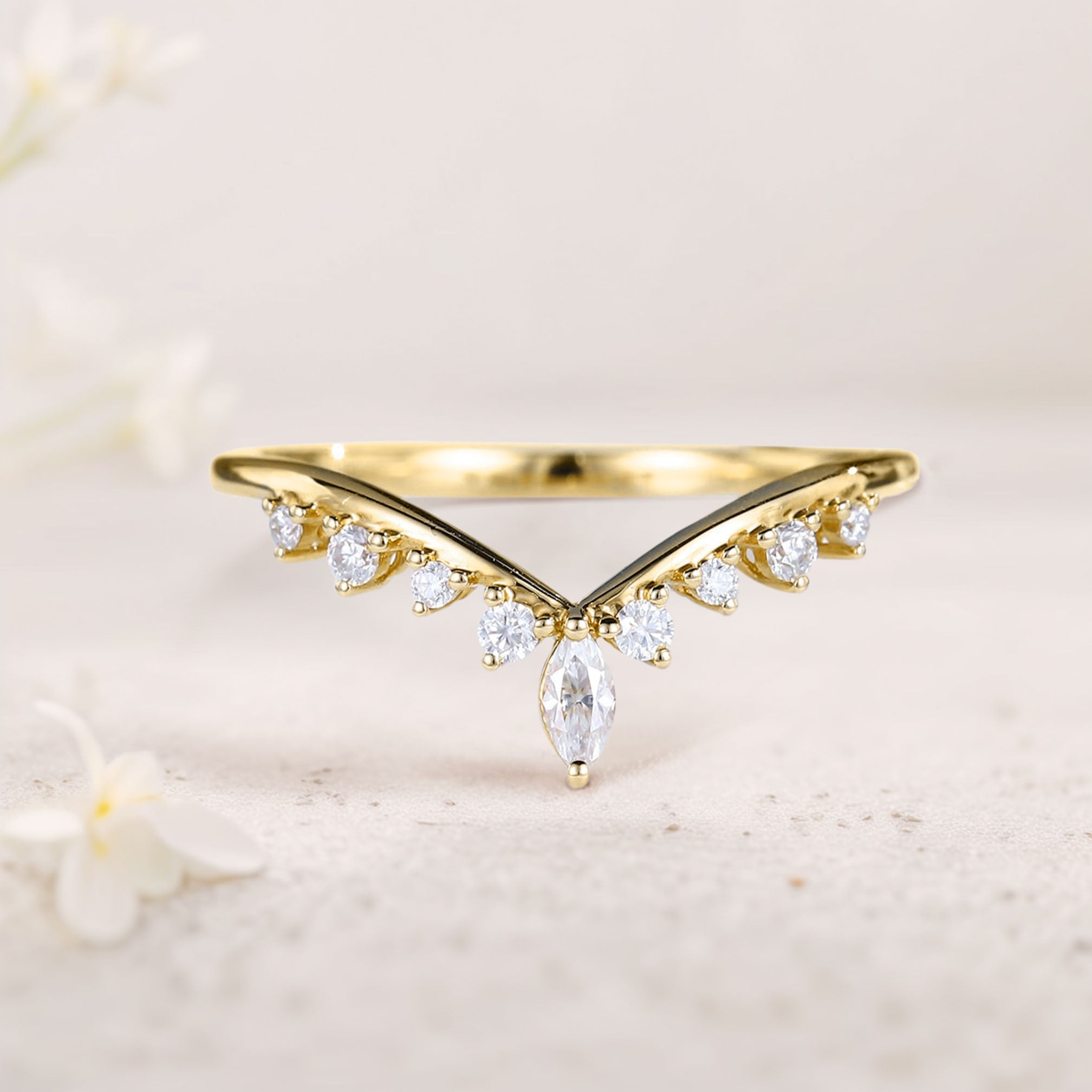 Unique Marquise and Round Moissanite Curved 18K Yellow Gold Wedding Band