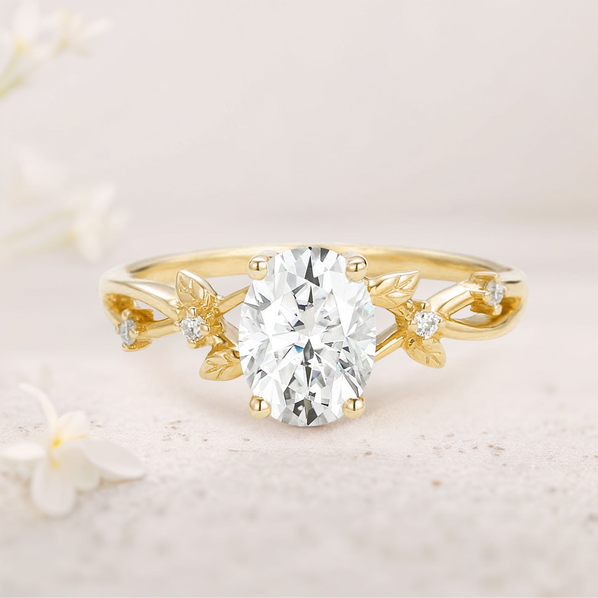 Unique floral engagement rings Oval Moissanite Leafy 18K Yellow Gold Engagement Ring