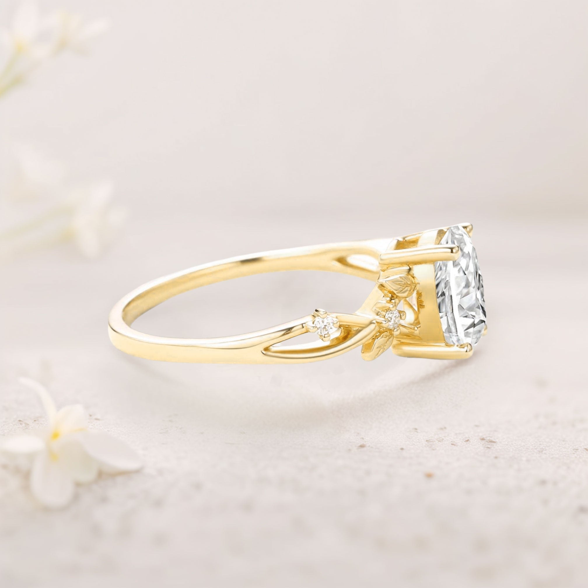 Unique floral engagement rings Oval Moissanite Leafy 18K Yellow Gold Engagement Ring