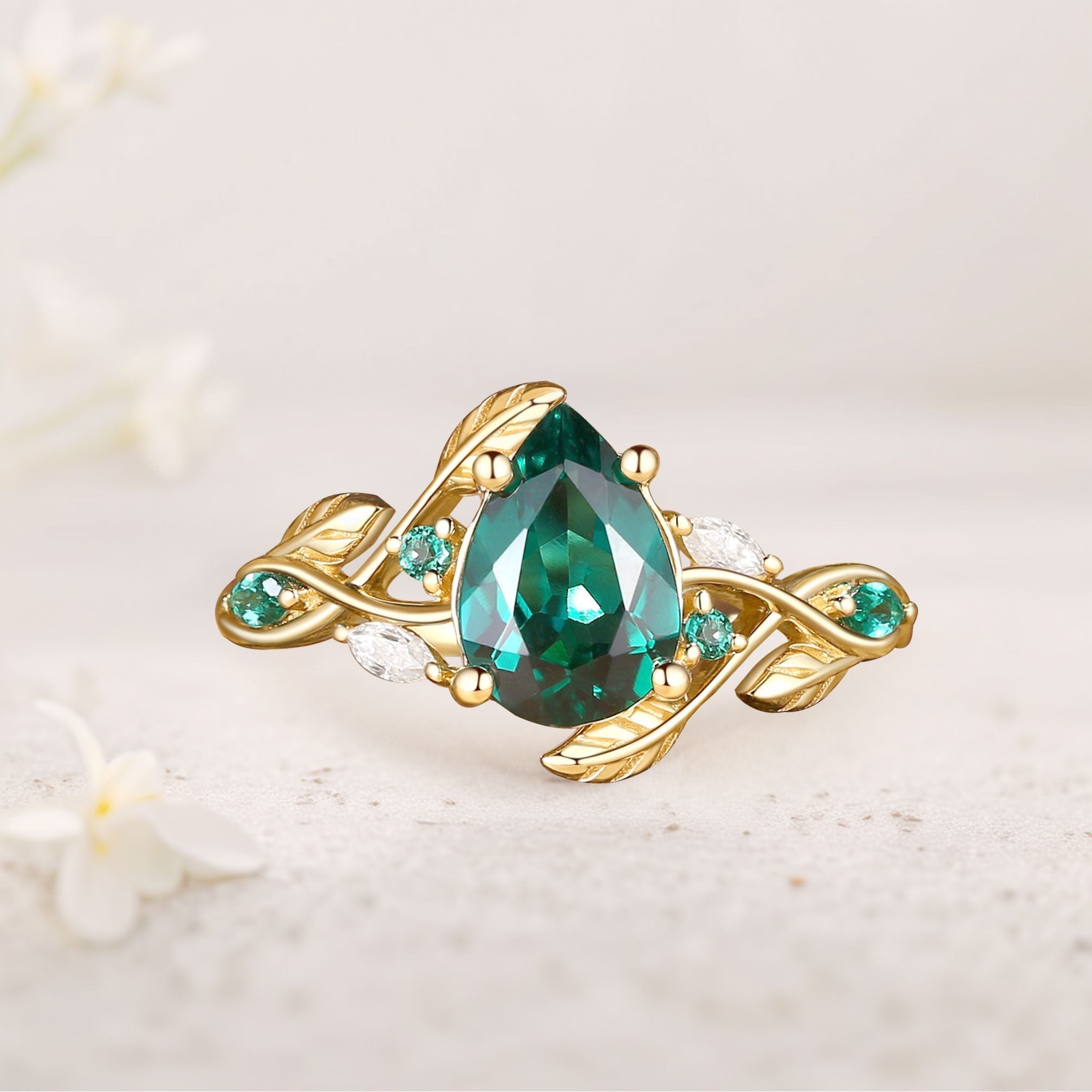 Unique floral engagement rings Everly Nature Inspired Pear Lab Emerald  Leaf 18K Yellow Gold Engagement Ring