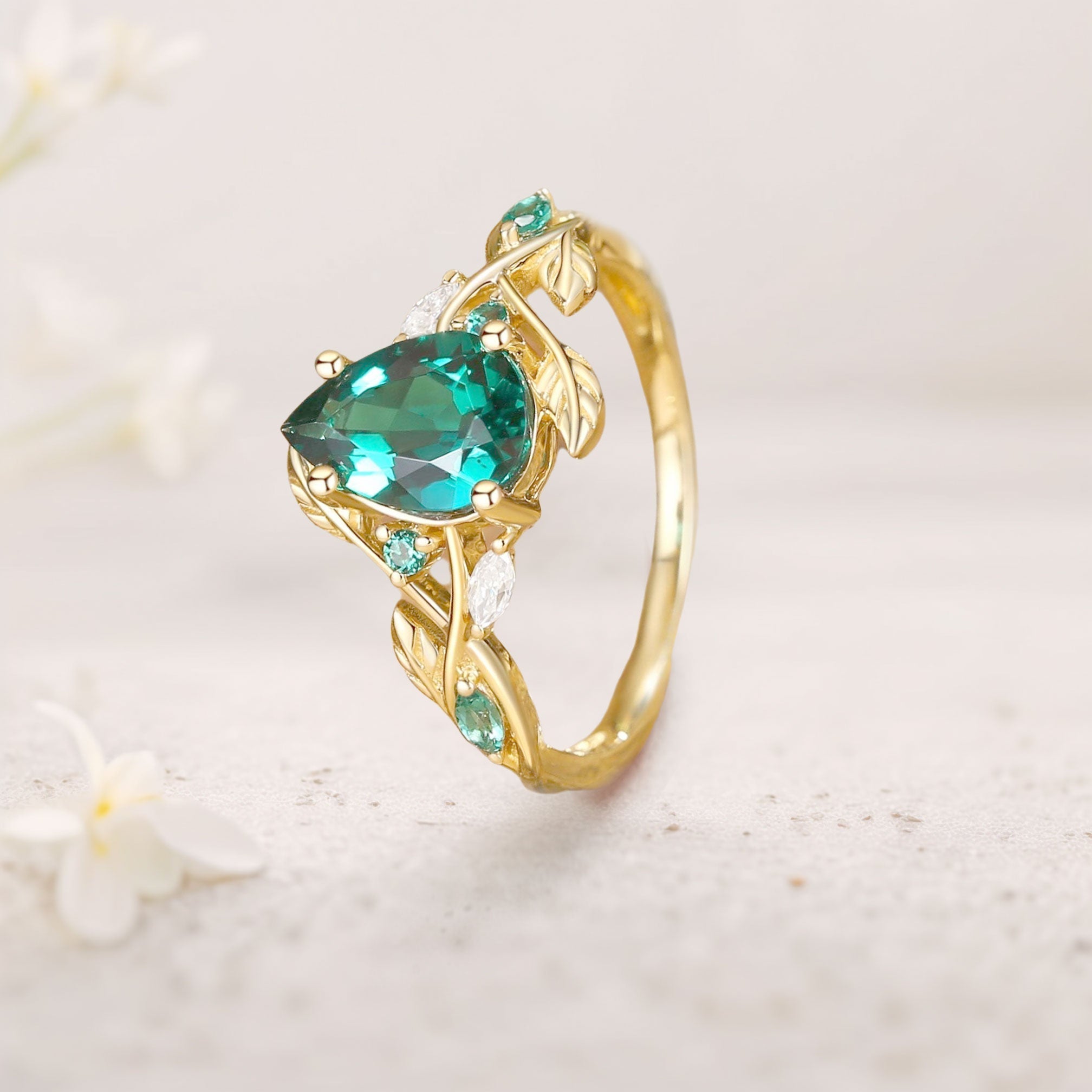 Unique floral engagement rings Everly Nature Inspired Pear Lab Emerald  Leaf 18K Yellow Gold Engagement Ring
