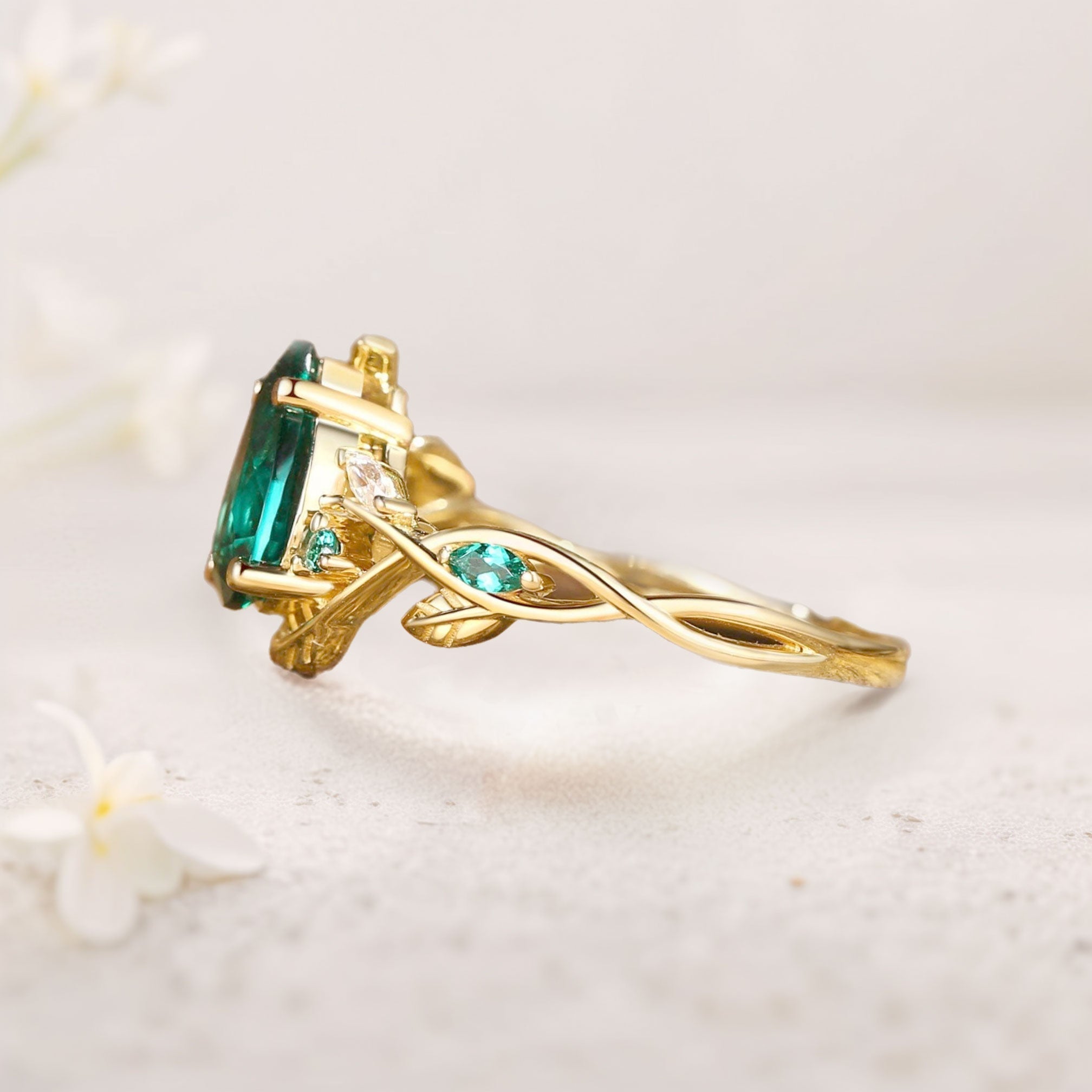 Unique floral engagement rings Everly Nature Inspired Pear Lab Emerald  Leaf 18K Yellow Gold Engagement Ring