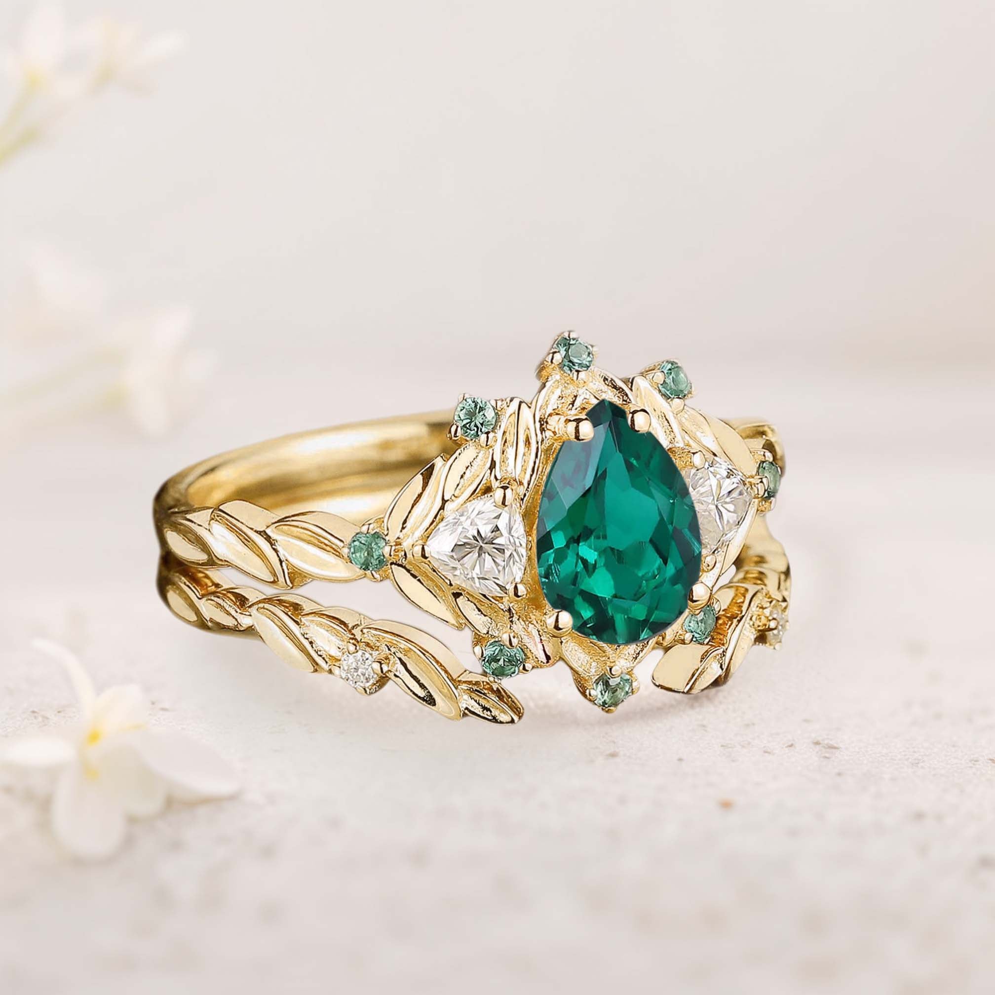 Unique Pear Lab Emerald Engagement Ring Set Leaf 18K Yellow Gold Wedding Ring Set