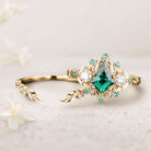 Unique floral engagement rings Kite Lab  Emerald Engagement ring set leaf Emerald 18K Yellow Gold Wedding ring set