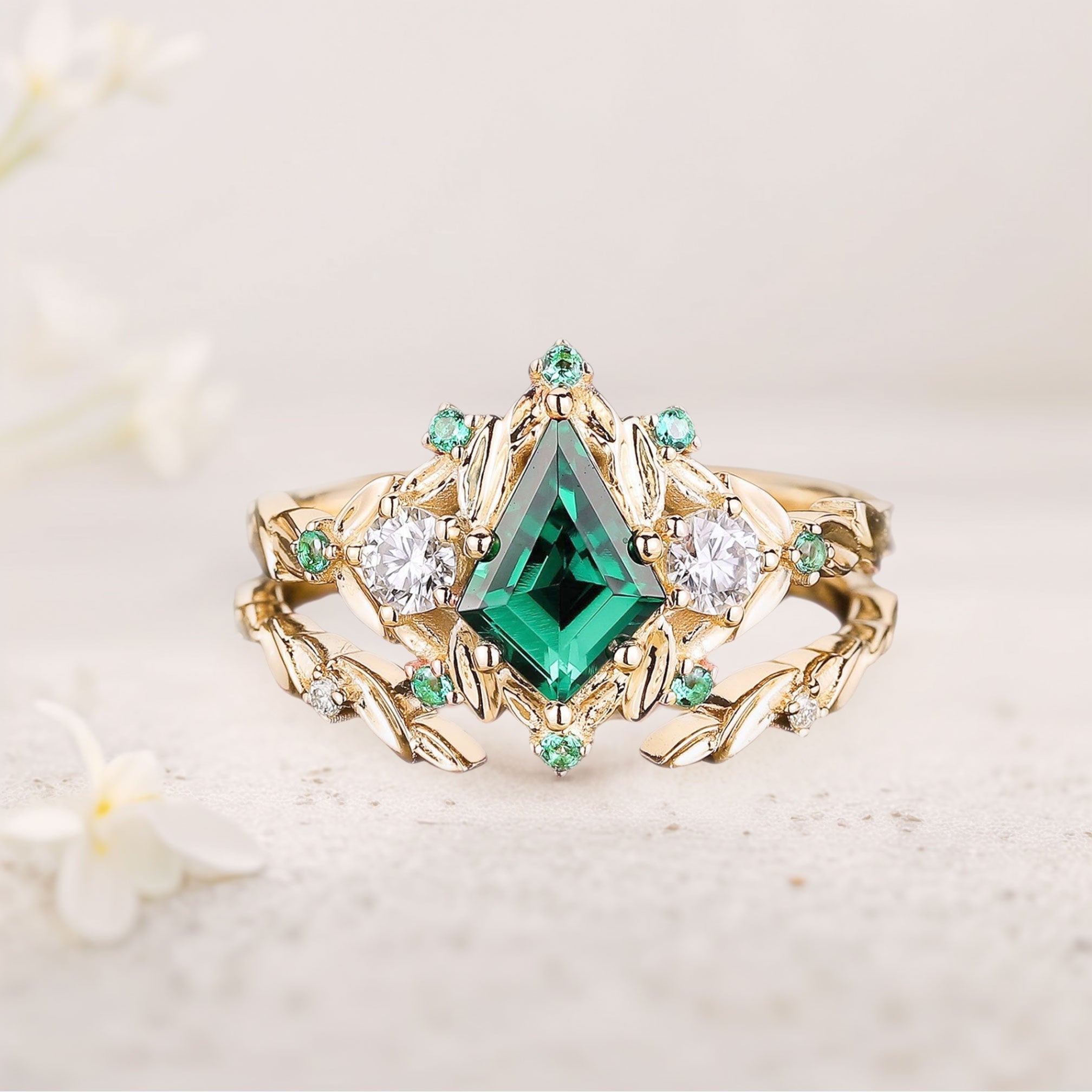 Unique floral engagement rings Kite Lab  Emerald Engagement ring set leaf Emerald 18K Yellow Gold Wedding ring set
