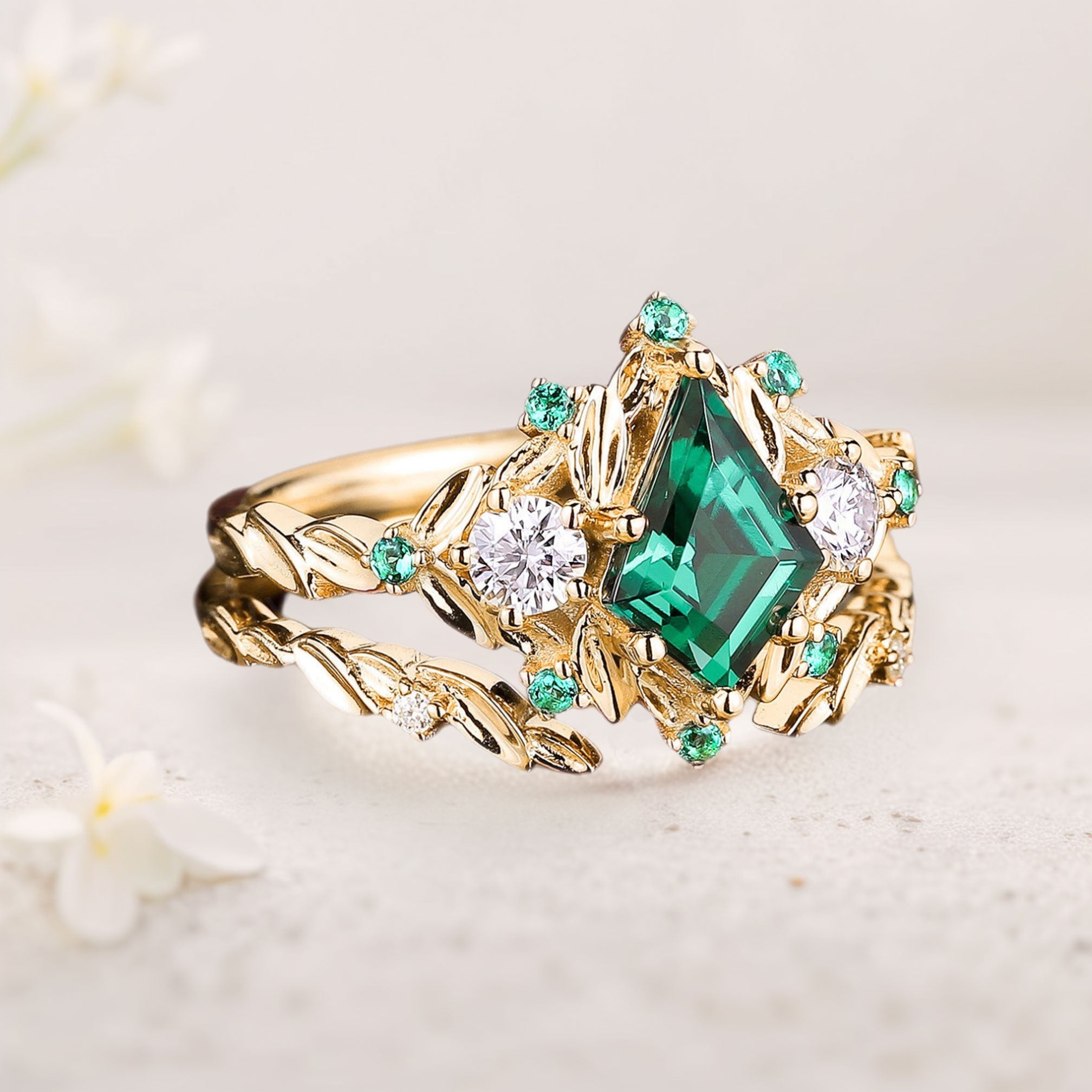 Unique floral engagement rings Kite Lab  Emerald Engagement ring set leaf Emerald 18K Yellow Gold Wedding ring set