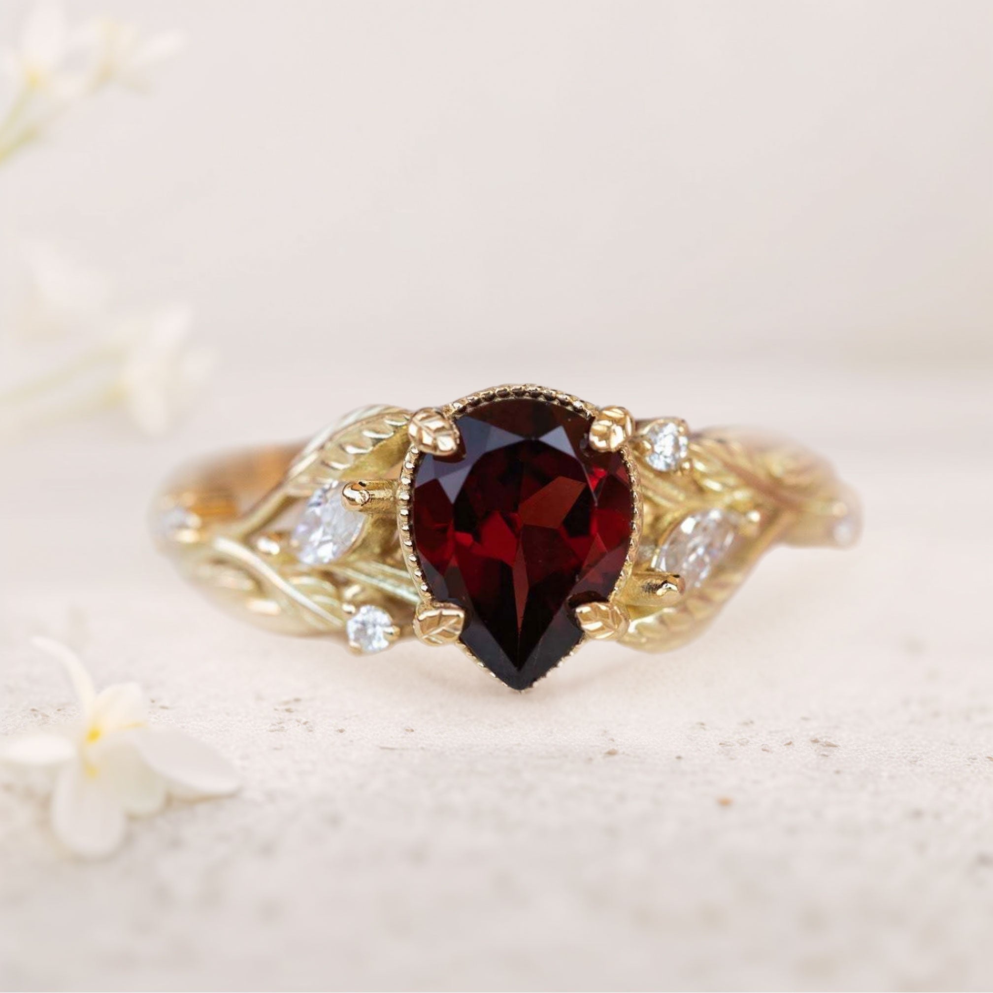 Unique floral engagement rings Pear Garnet 18K Yellow Gold Engagement Ring flower Ring
