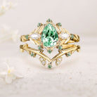 Vintage floral engagement rings Pear Green Lab Sapphire Floral 18K Yellow Gold Engagement Ring Set Emerald Fairy Wedding Ring Set