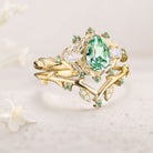 Vintage floral engagement rings Pear Green Lab Sapphire Floral 18K Yellow Gold Engagement Ring Set Emerald Fairy Wedding Ring Set