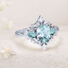 Vintage Briar Rose Oval Green Lab Sapphire and Teal Moissanite 18K White Gold Engagement Ring Filigree Ring