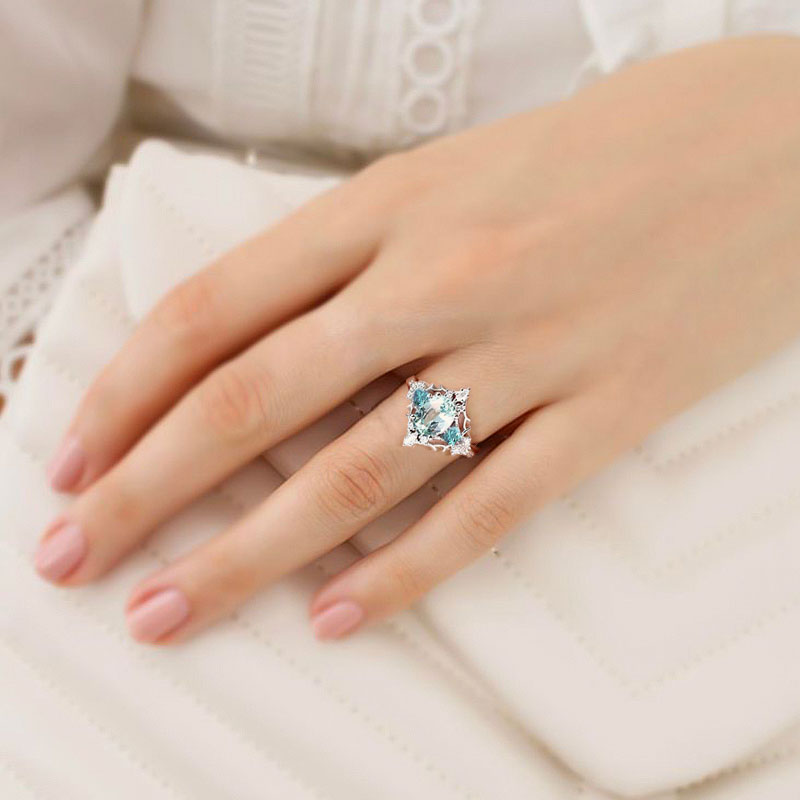 Vintage Briar Rose Oval Green Lab Sapphire and Teal Moissanite 18K White Gold Engagement Ring Filigree Ring