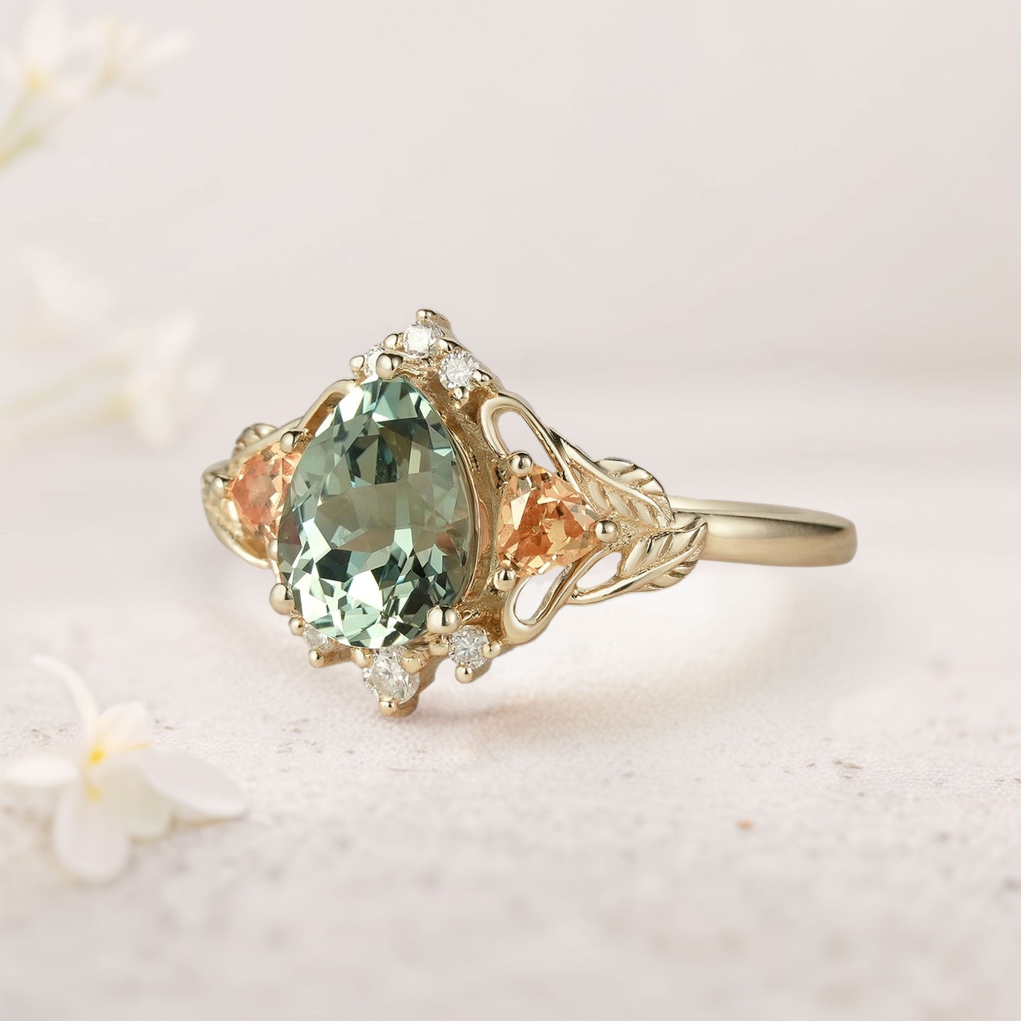 Vintage Pear Green Lab Sapphire Leaf 18K Yellow Gold Ring