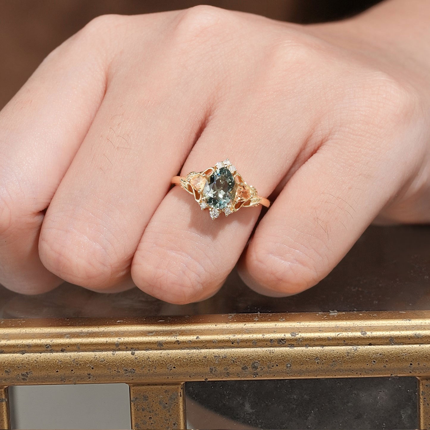 Vintage Pear Green Lab Sapphire Leaf 18K Yellow Gold Ring