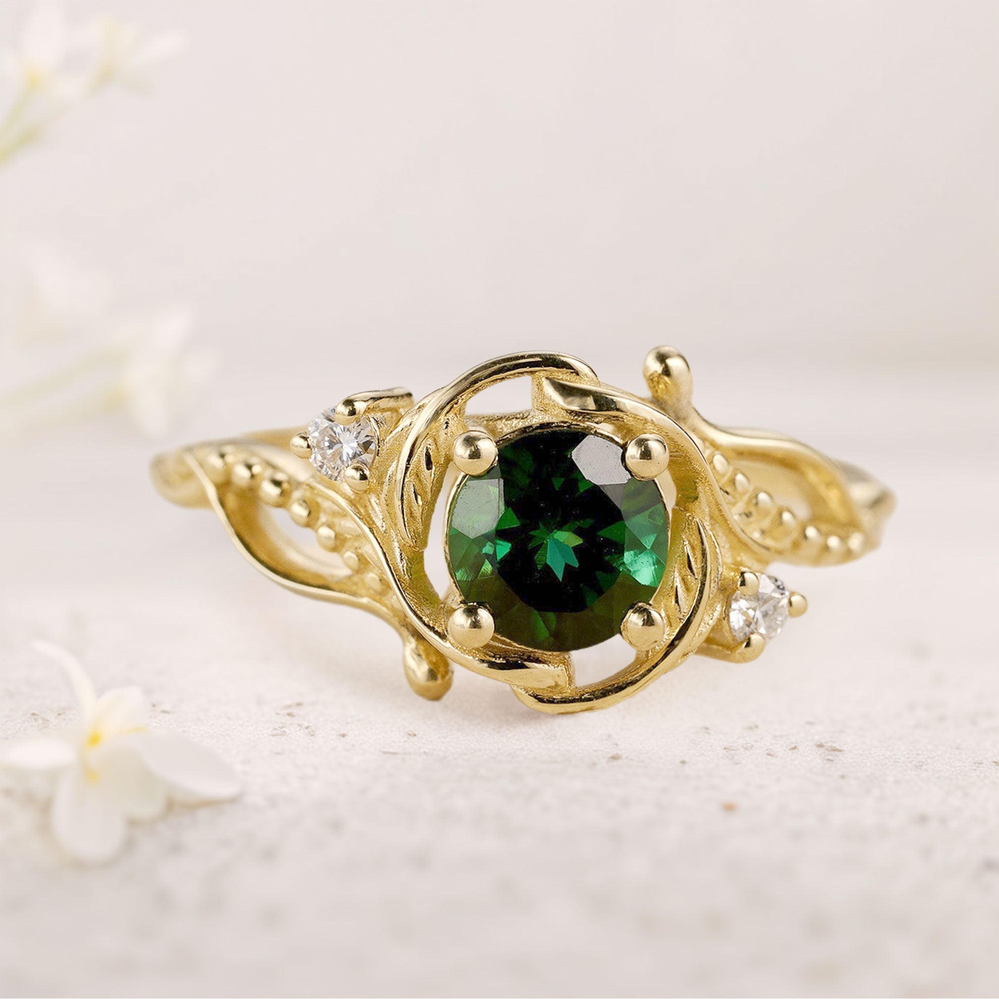 Unique floral engagement rings Round Nature Inspired Green Tourmaline 18K Yellow Gold Engagement Ring