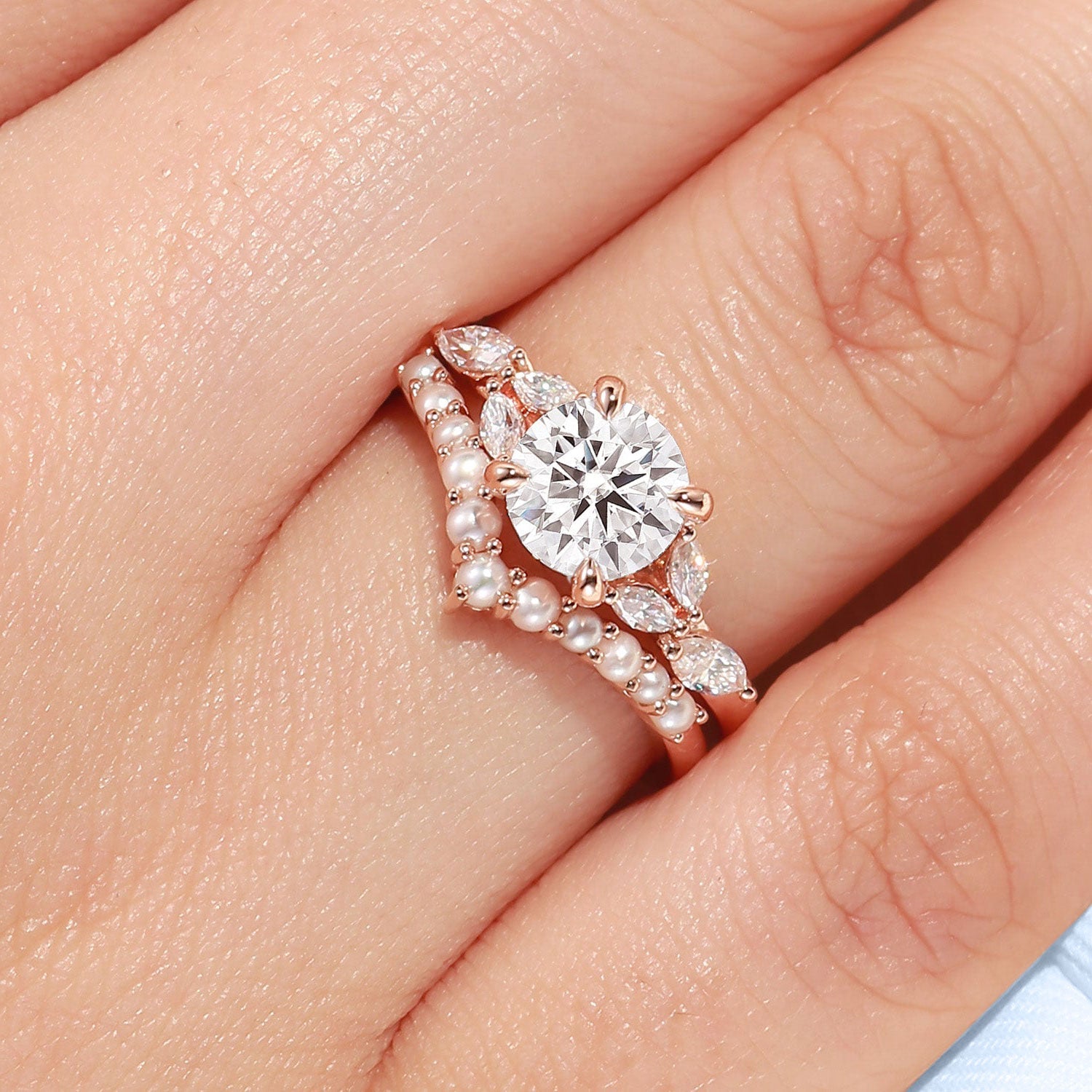 Unique floral engagement rings Round Moissanite and Pearl 18K Yellow Gold Engagement Ring Set