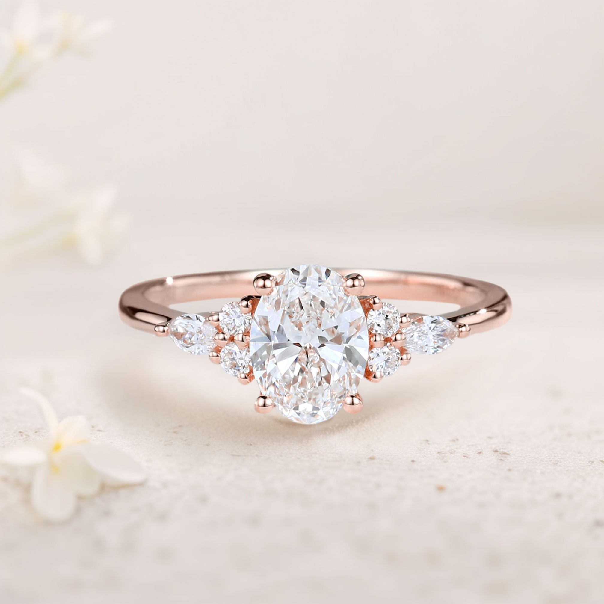 Vintage Oval Moissanite Cluster 18K Rose Gold Engagement Ring