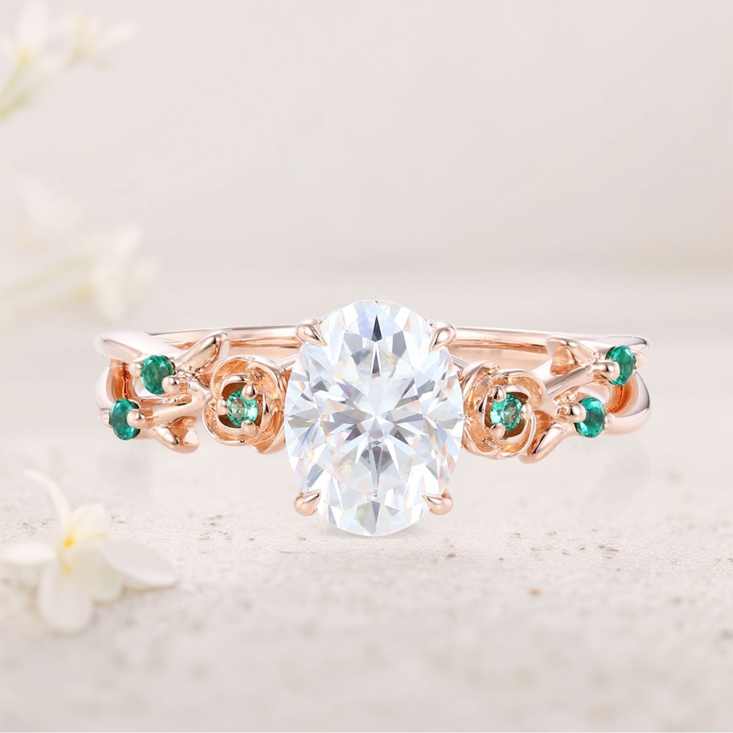 Unique floral engagement rings Oval Moissanite 18K Yellow Gold Engagement Promise Ring