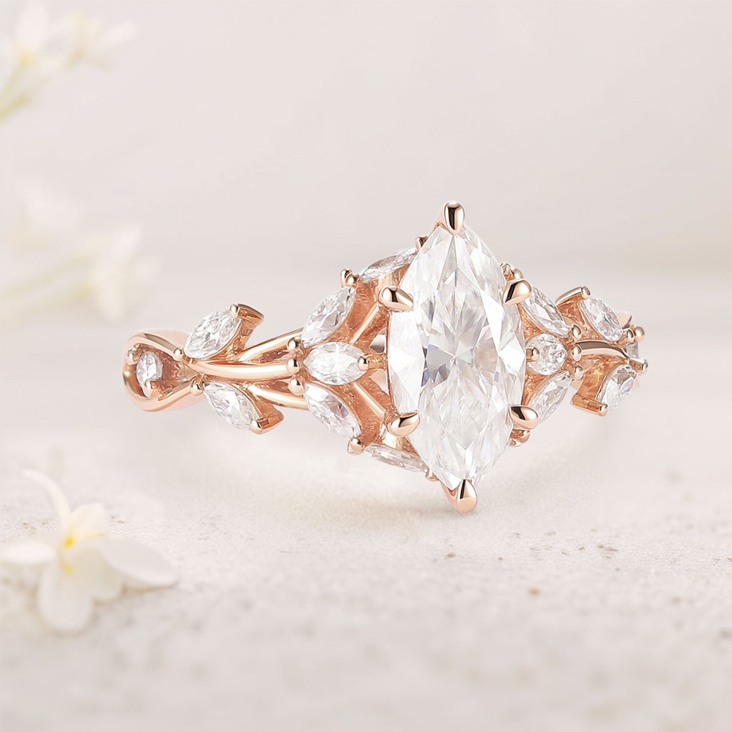 Unique Nature Inspired Marquise Moissanite 18K Yellow Gold Ring