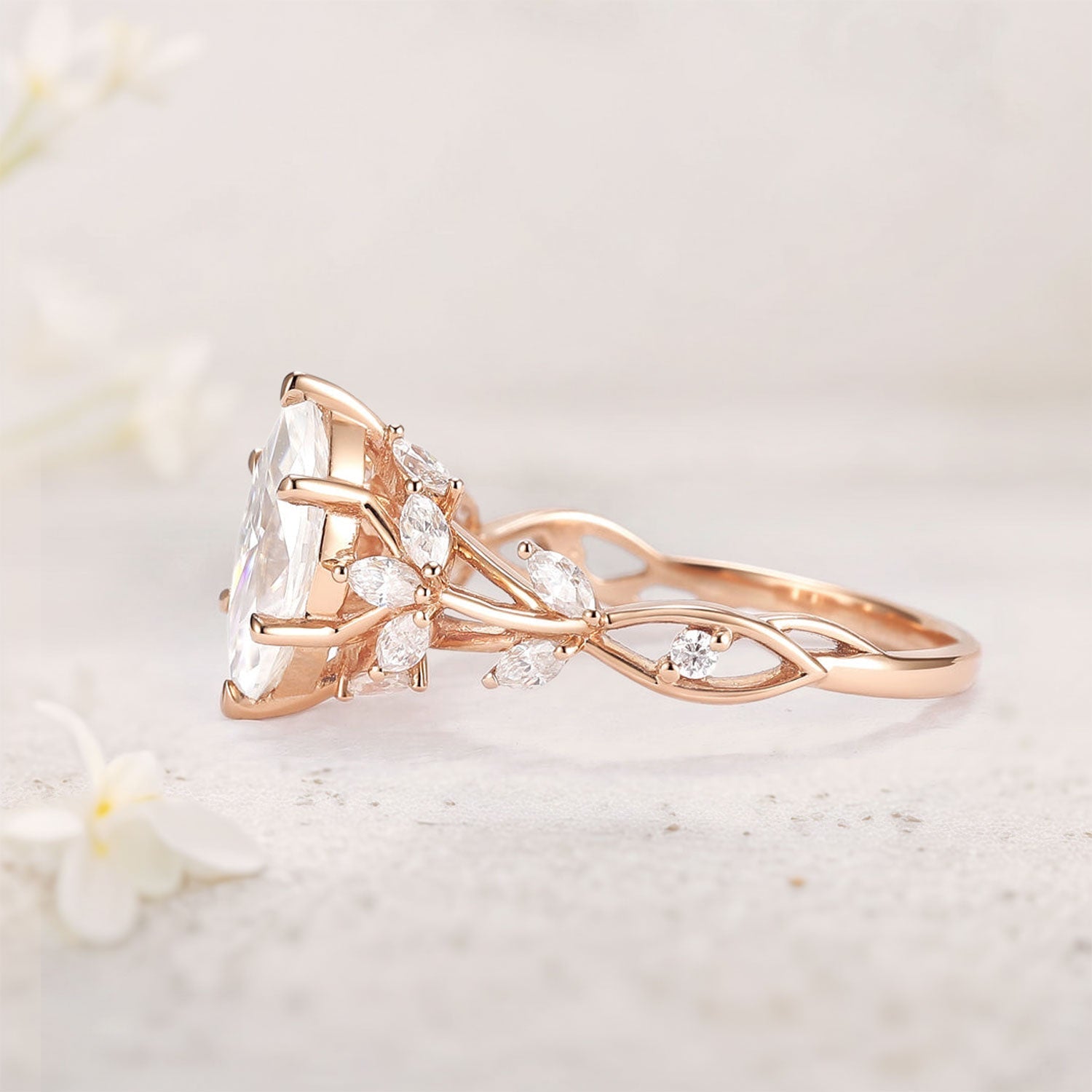 Unique Nature Inspired Marquise Moissanite 18K Yellow Gold Ring
