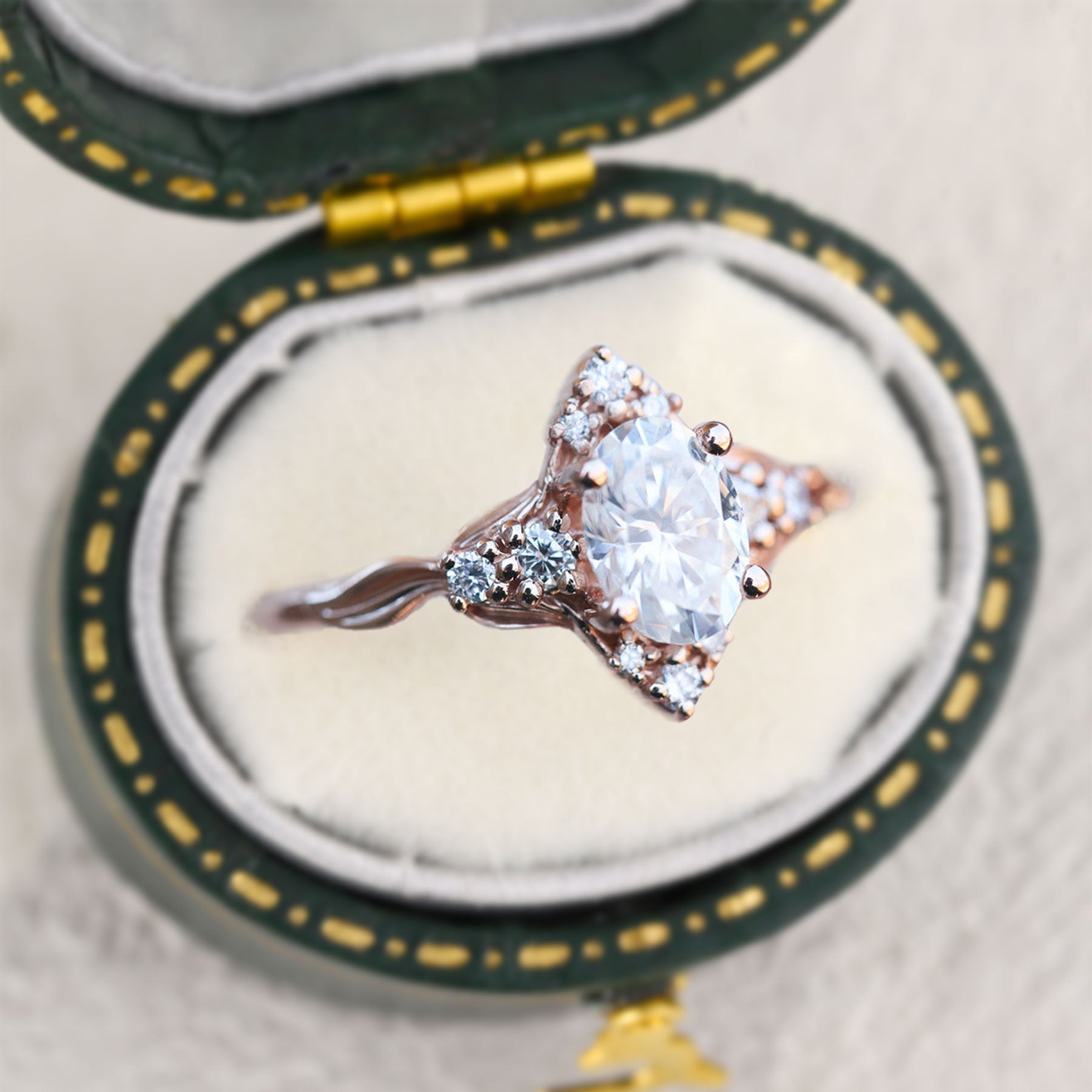 Unique Galadriel Oval Moissanite 18K Rose Gold Engagement Ring