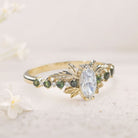 Unique floral engagement rings Marquise Moissanite and tourmalines 18K Yellow Gold engagement ring