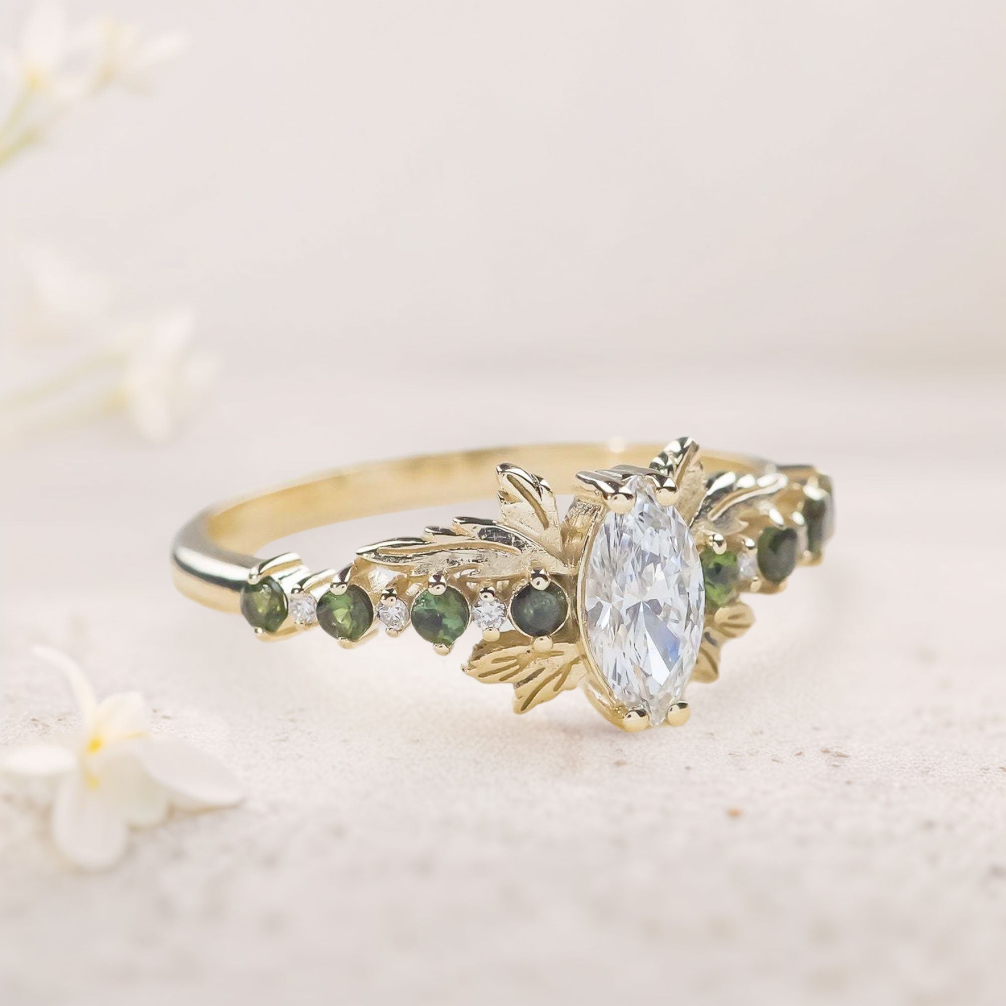 Unique floral engagement rings Marquise Moissanite and tourmalines 18K Yellow Gold engagement ring