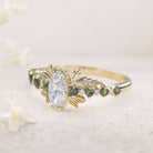 Unique floral engagement rings Marquise Moissanite and tourmalines 18K Yellow Gold engagement ring