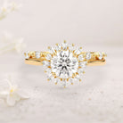 Unique floral engagement rings Round Moissanite Halo 18K Yellow Gold Floral Ring Set