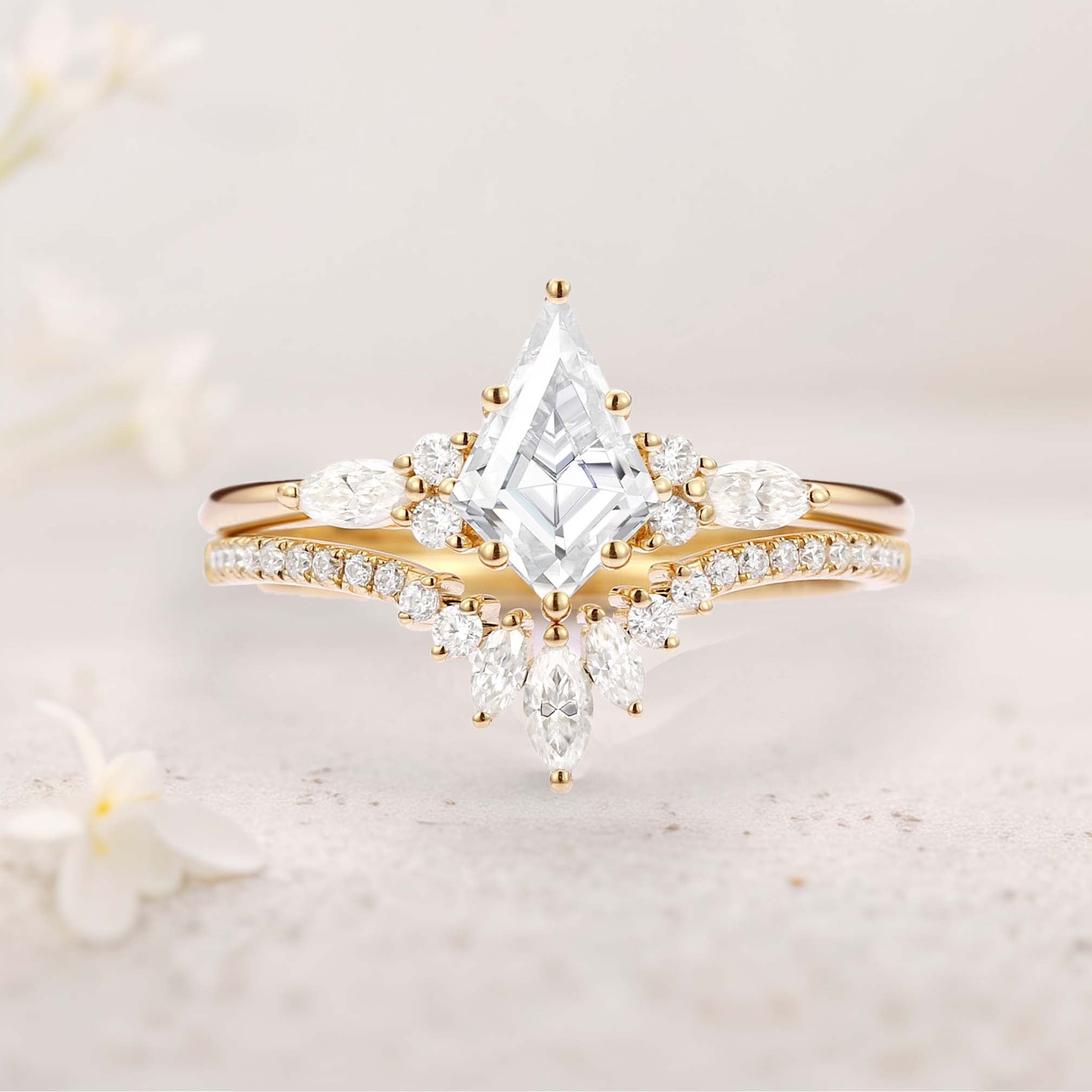 Unique floral engagement rings Kite Moissanite Classic 18K Yellow Gold Engagement Ring Set