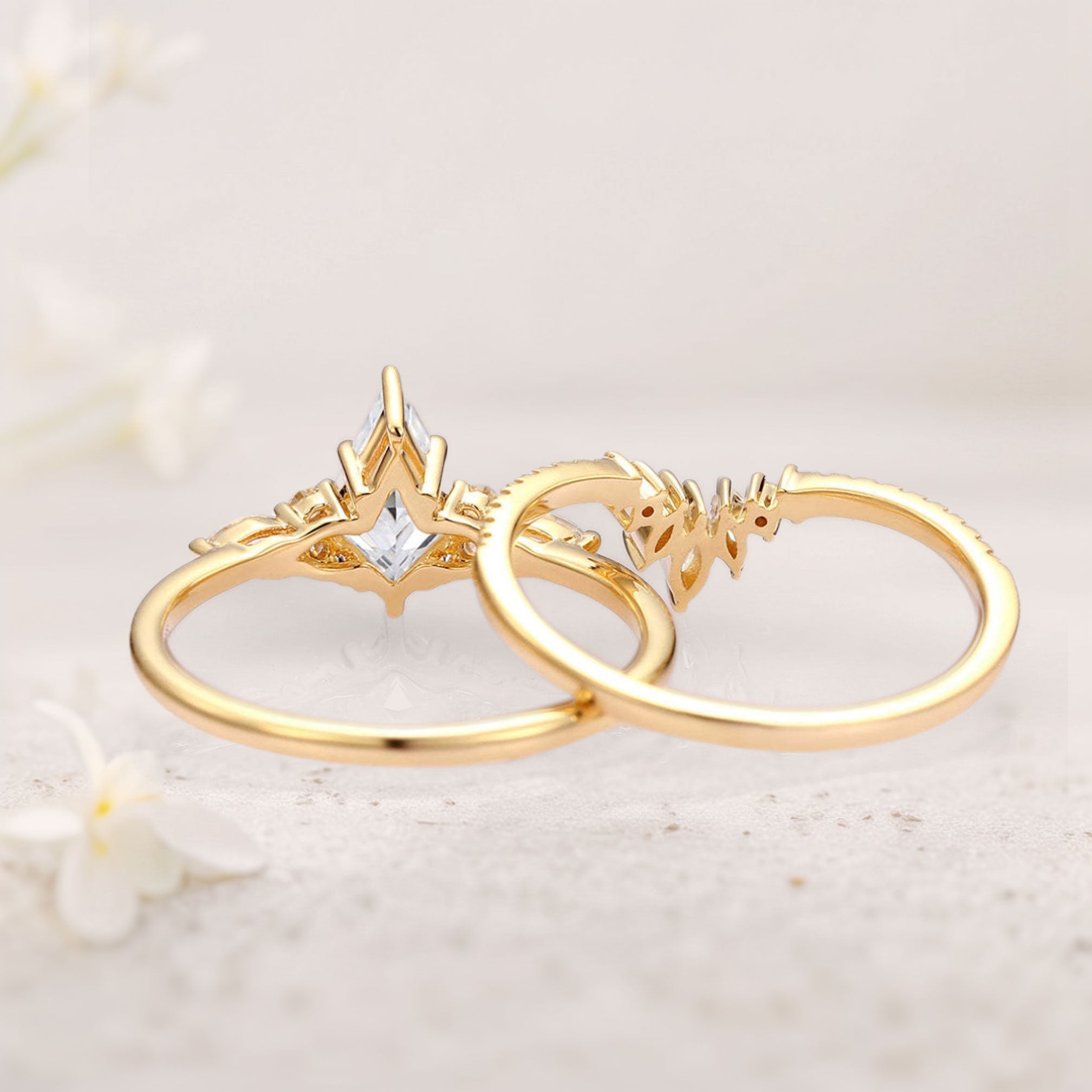 Unique floral engagement rings Kite Moissanite Classic 18K Yellow Gold Engagement Ring Set